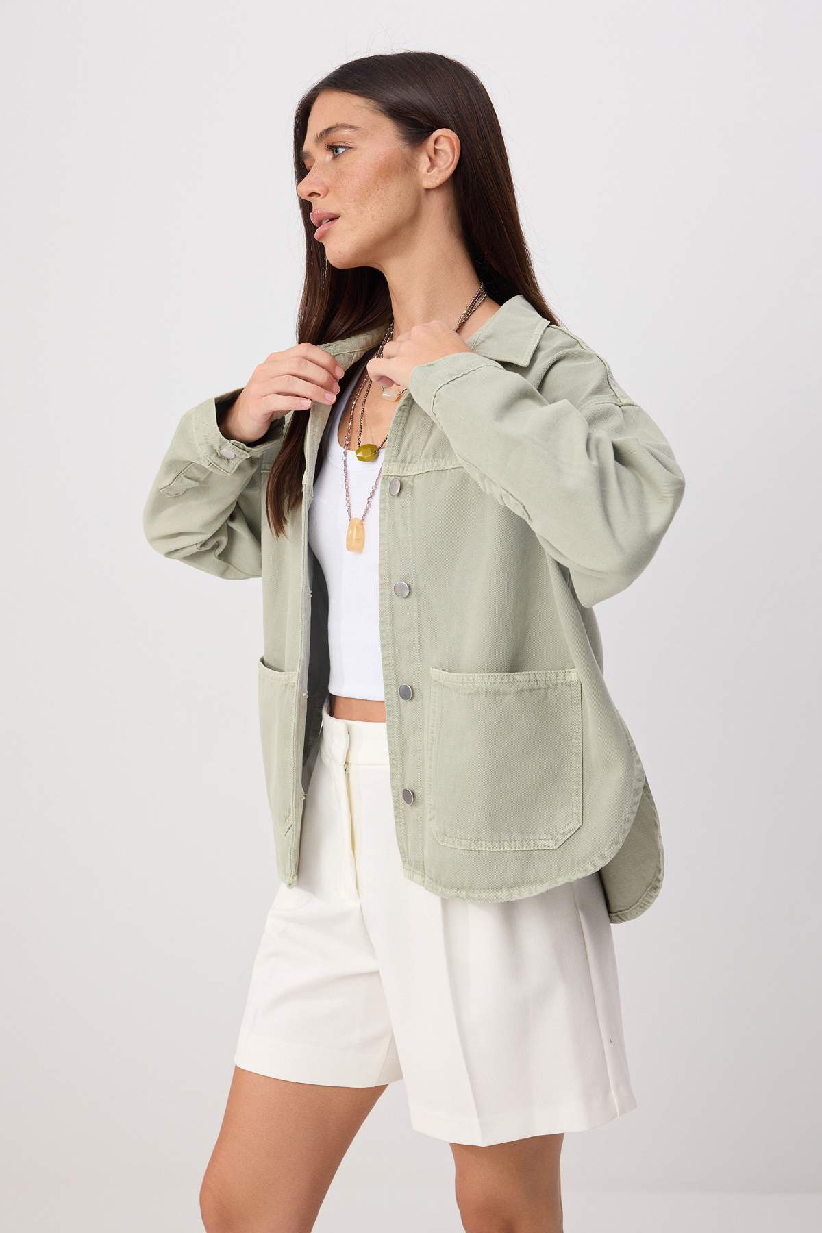 Trendyol Collection Mint Shirt Collar Oversize Denim Jacket Twoss26Ce00039