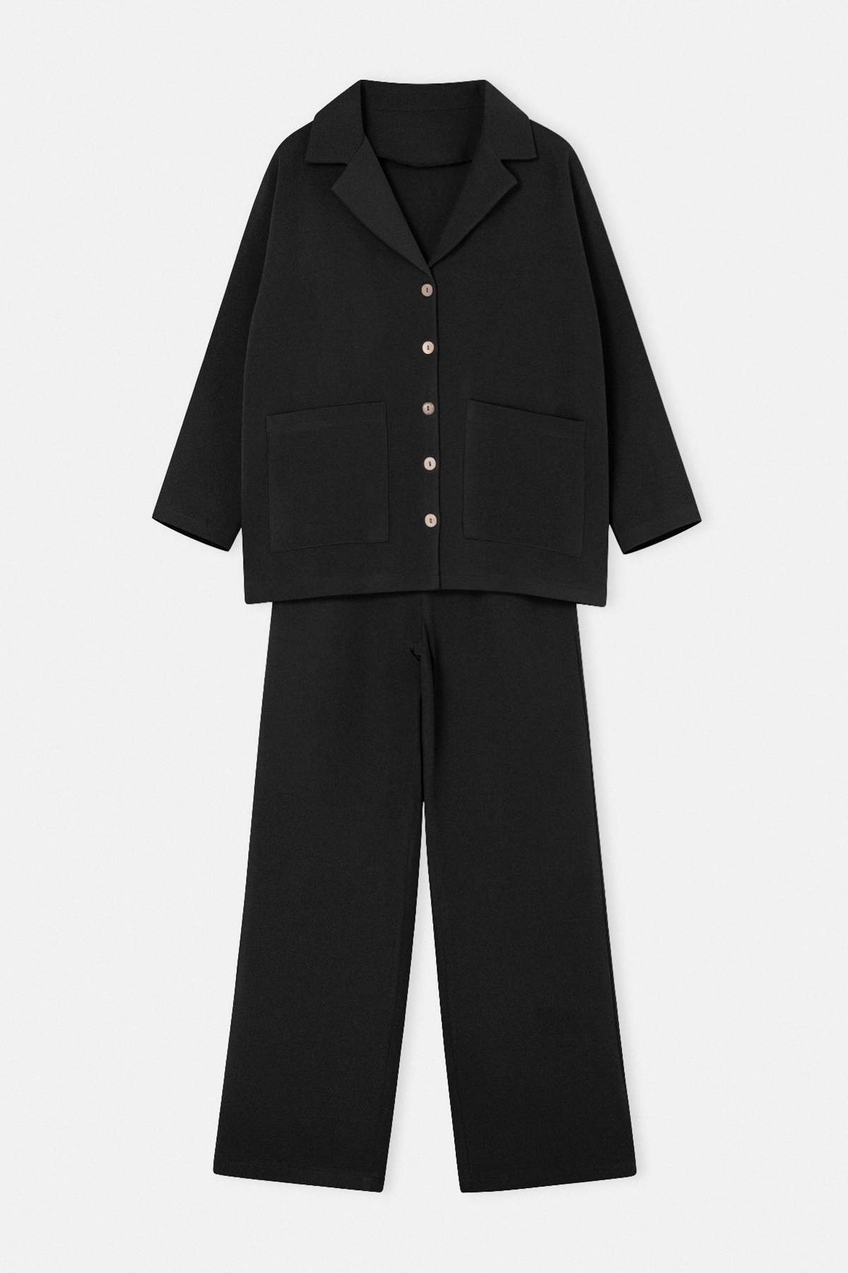 Drop by Trendyolmilla Siyah Oversize Ceket Yaka Cepli Üst Beli Lastikli Rahat Kalıp Pantolon Müslin Takım TDRSS26AU00046