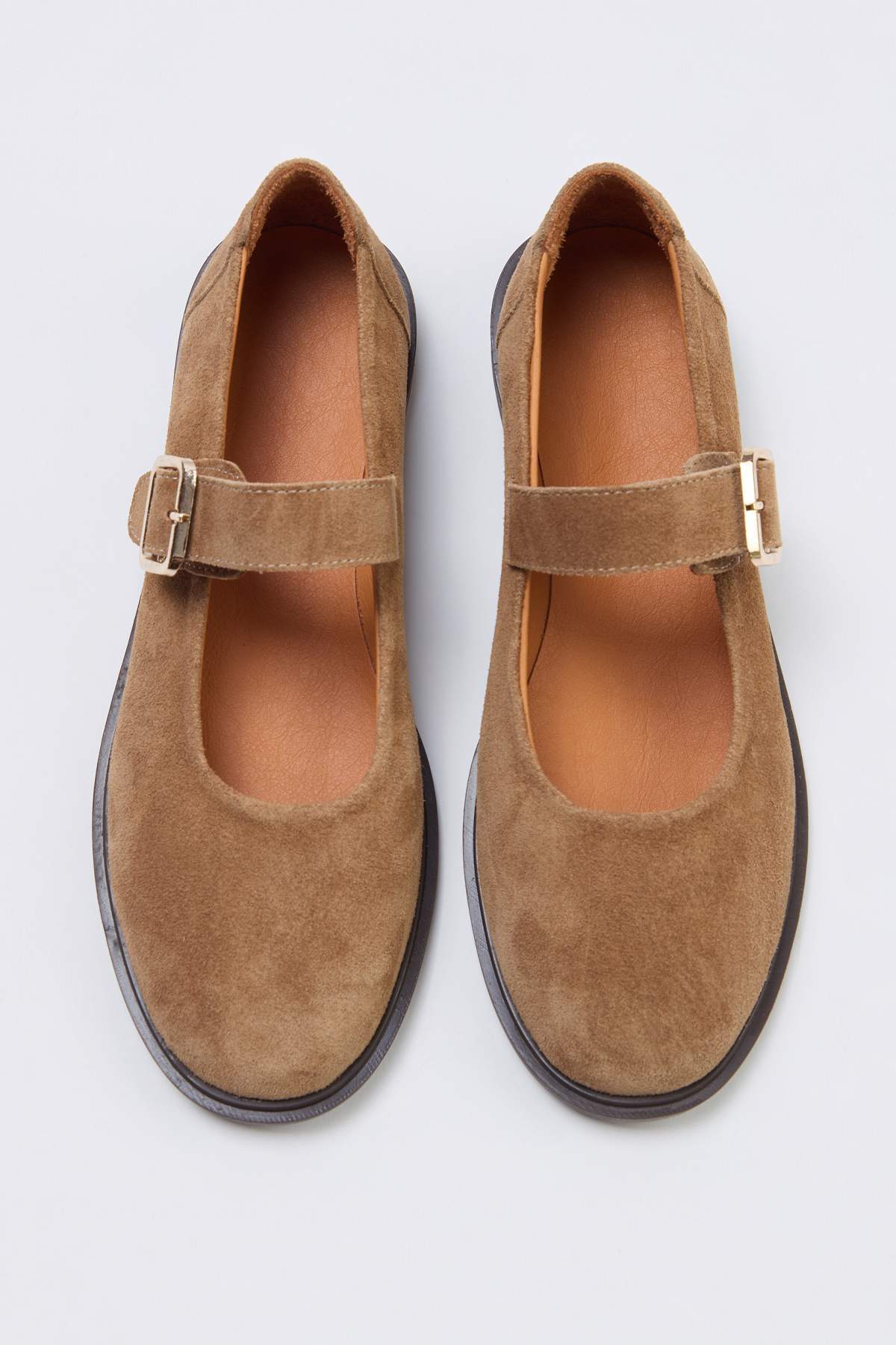 TRENDYOL SHOES Jasnobrązowe damskie baleriny Mary Jane z prawdziwego zamszu T...