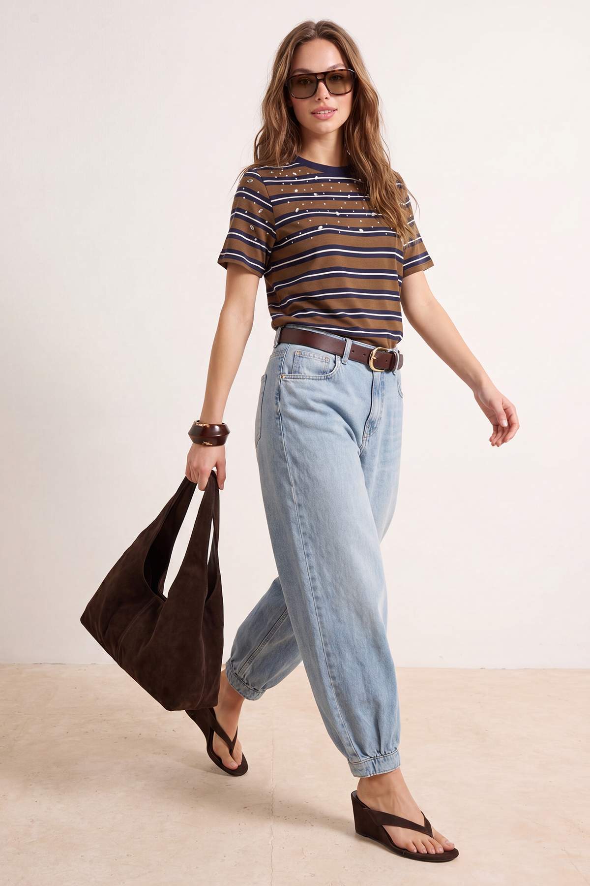Trendyol Collection Brown Striped Regular Fit Accessory Detailed Tok 100% Cotton Knitted T-Shirt Twoss26Ts00121