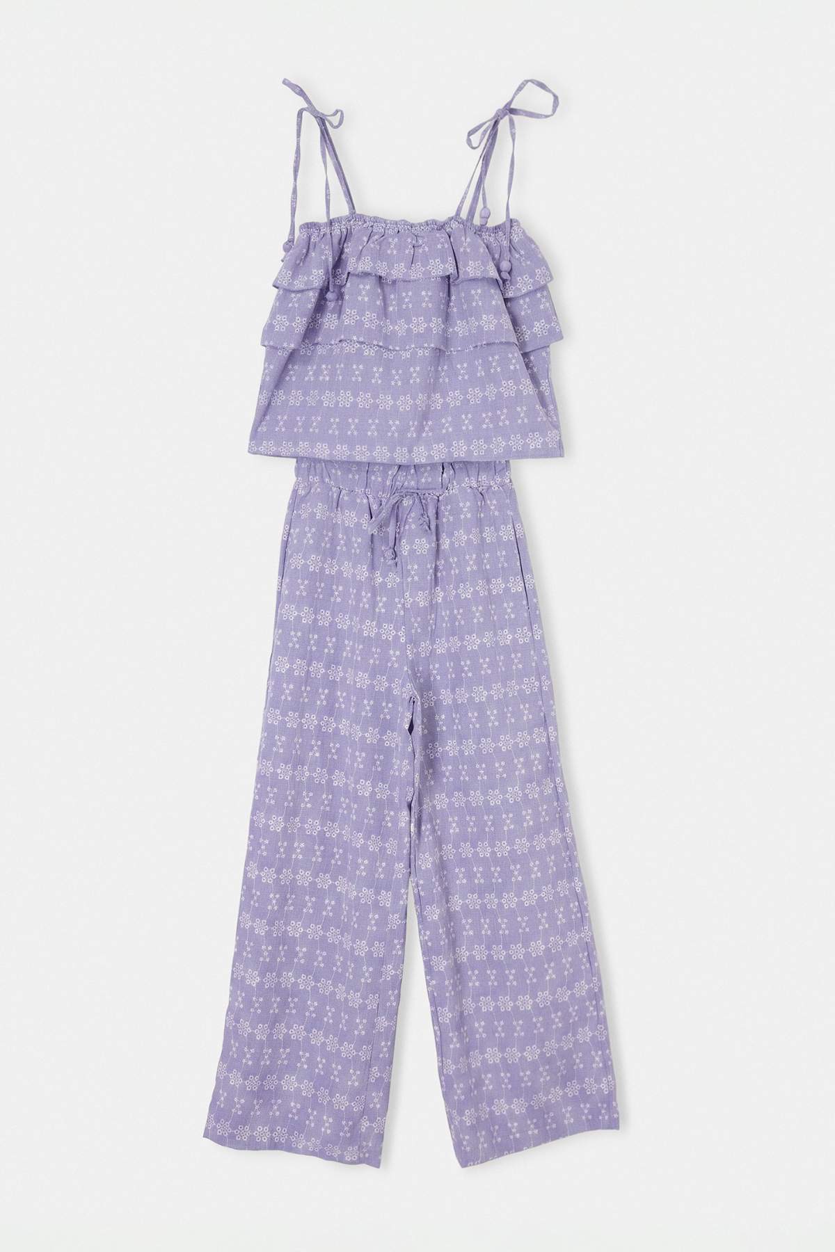 Drop by Trendyolmilla Baskılı Omuzdan ıp askılı Katlı Bluz Beli Lastikli GenişPaça pantolonlu Takım