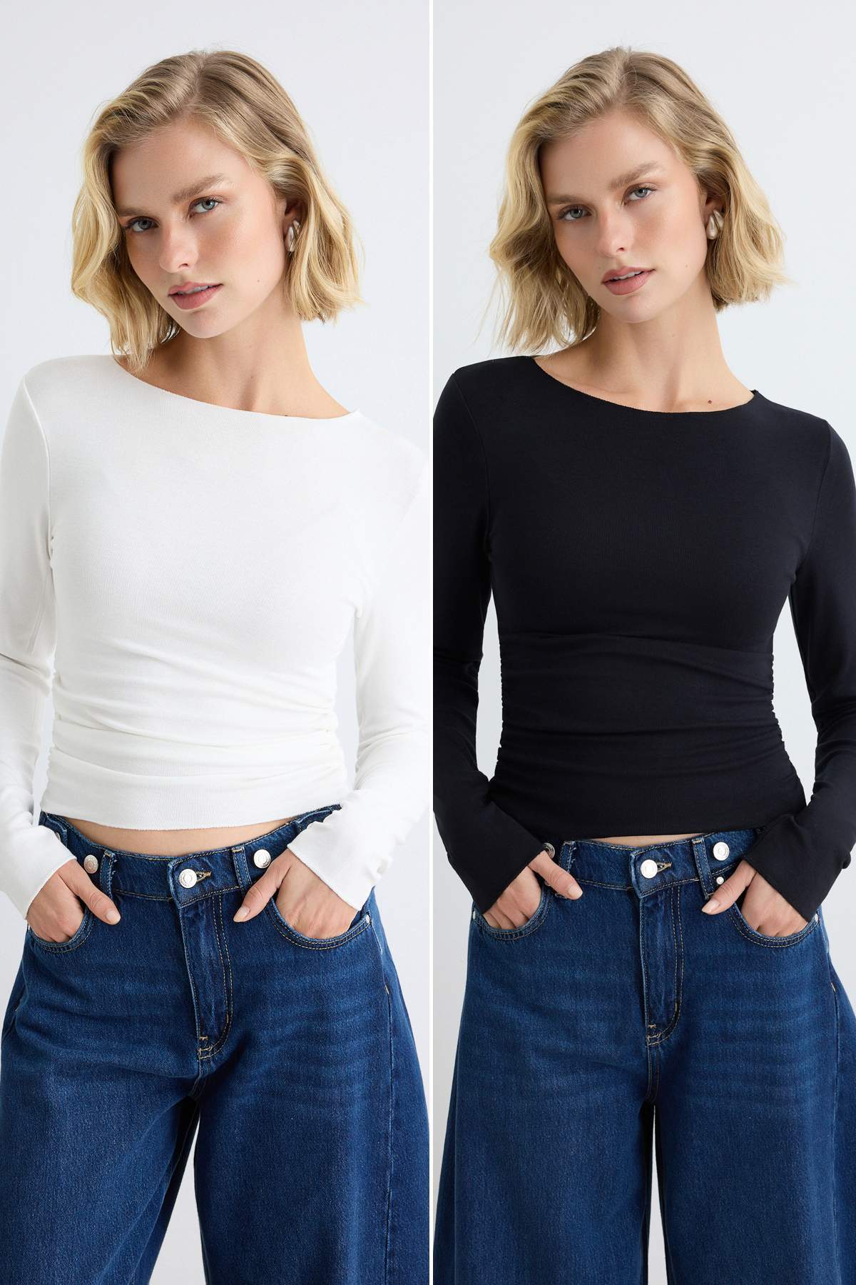 Trendyolmilla Siyah-Ekru Düz Fitted/Vücuda Oturan Kayık Yaka Büzgü/Drape Detaylı Crop Örme Bluz TWOAW27BZ00053
