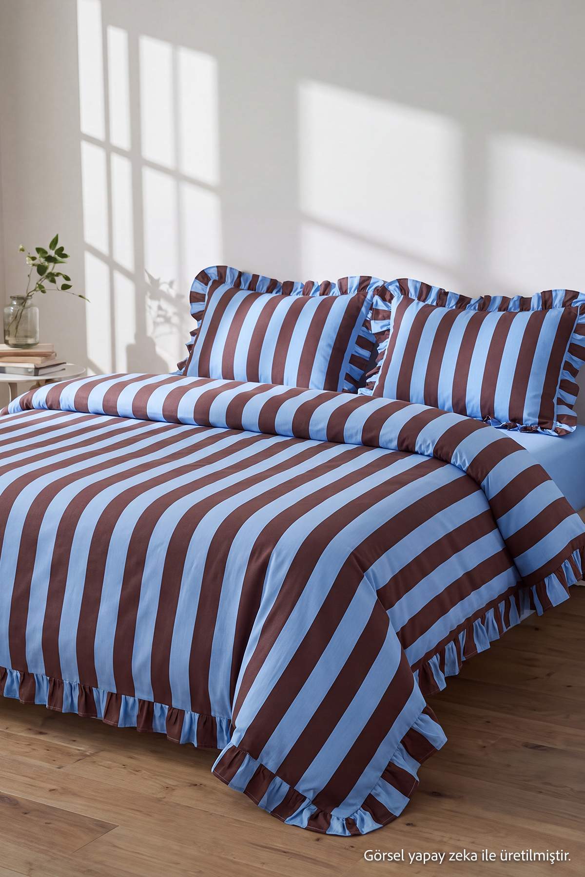 Trendyol Home Double Ruffled Striped Duvet Cover Set Without Sheets Tphss26Ckn00004