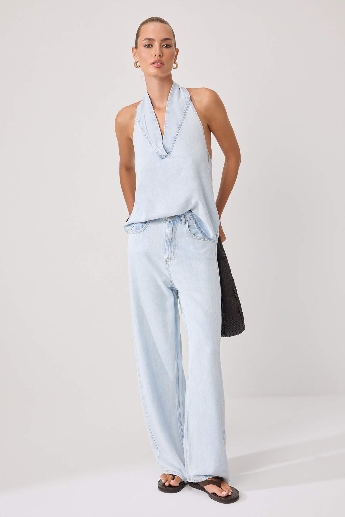 Trendyolmilla Açık Mavi DÖKÜMLÜ Halter Yaka Bluz Jeans Denim Alt - Üst Takım TWOSS26AU00318