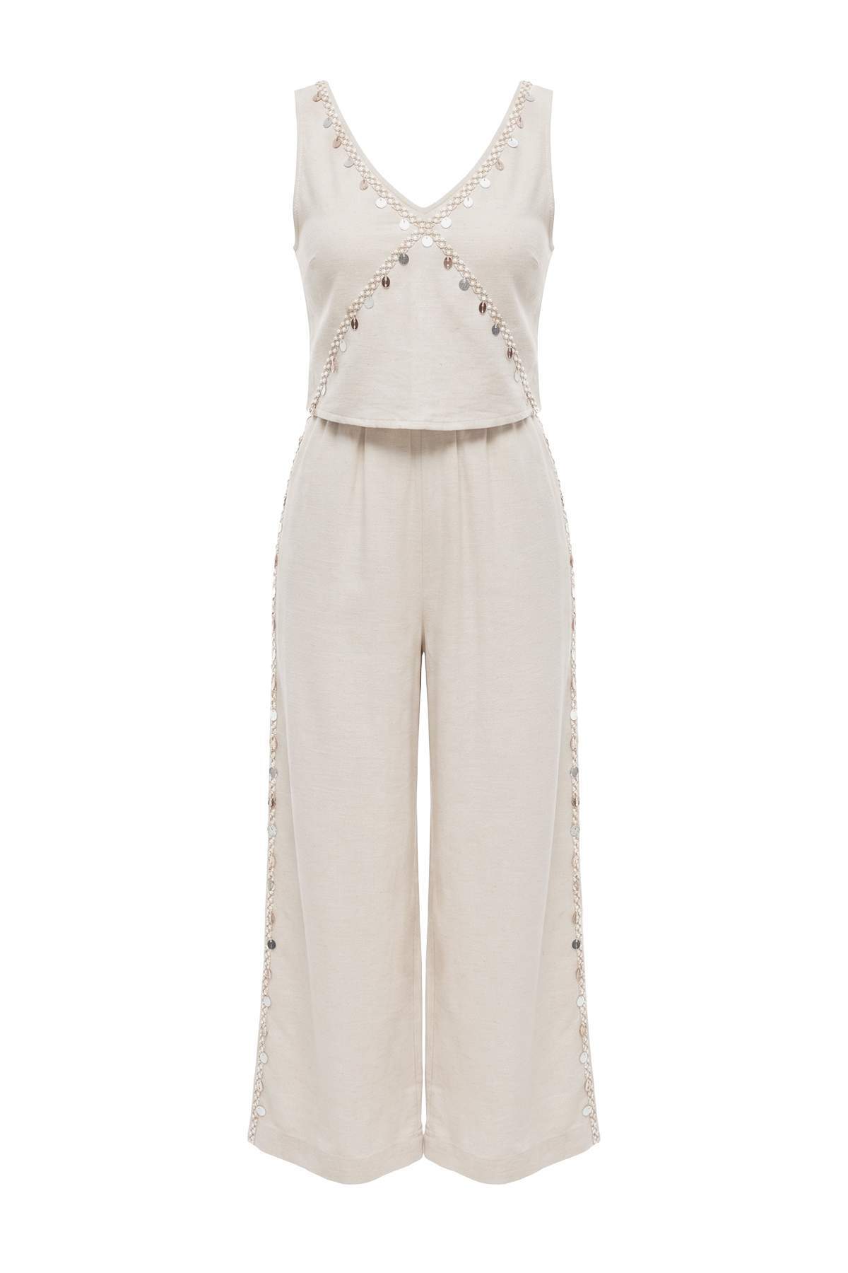 Drop by Trendyolmilla Bej Deniz Kabuğu Aksesuarlı İşlemeli Pamuk Takım TDRSS26AU00108