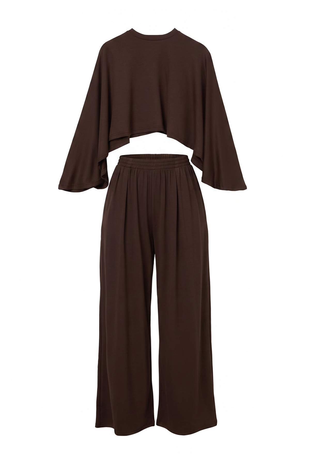 Trendyolmilla Kahverengi Düz Oversize/Geniş Kalıp Geniş Paça Soft Touch Örme Alt - Üst Takım TWOAW27AU00128