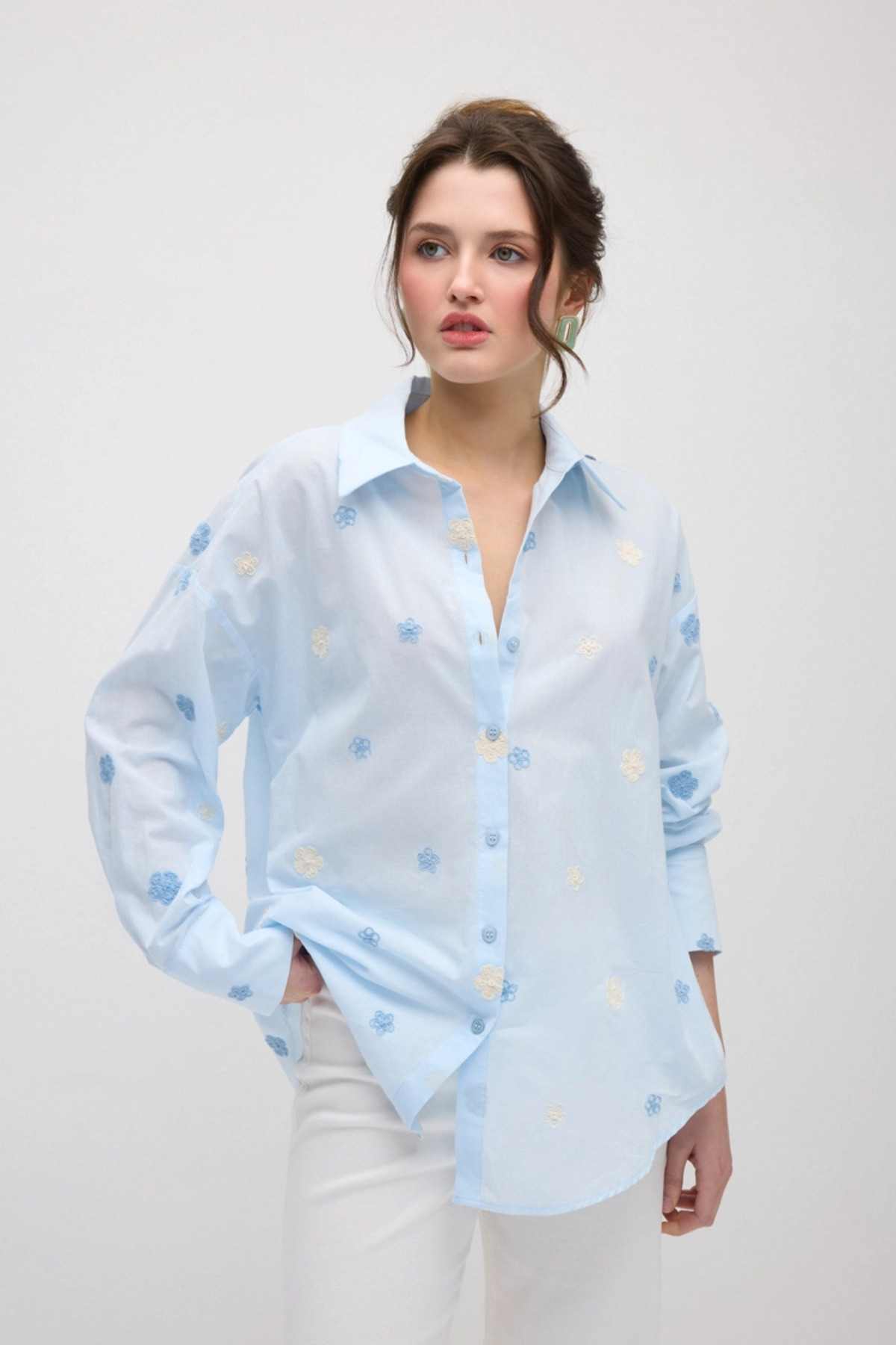 Flower Embroidered Cotton Shirt - Blue