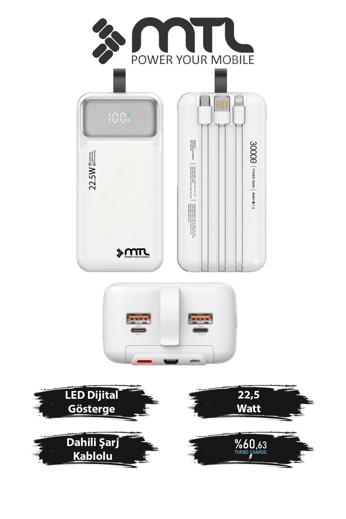 30000 mAh 22.5W Turbo Charger Built-in Wired Digital LED Display with PD and QC 3.0 Powerbank MT4330
