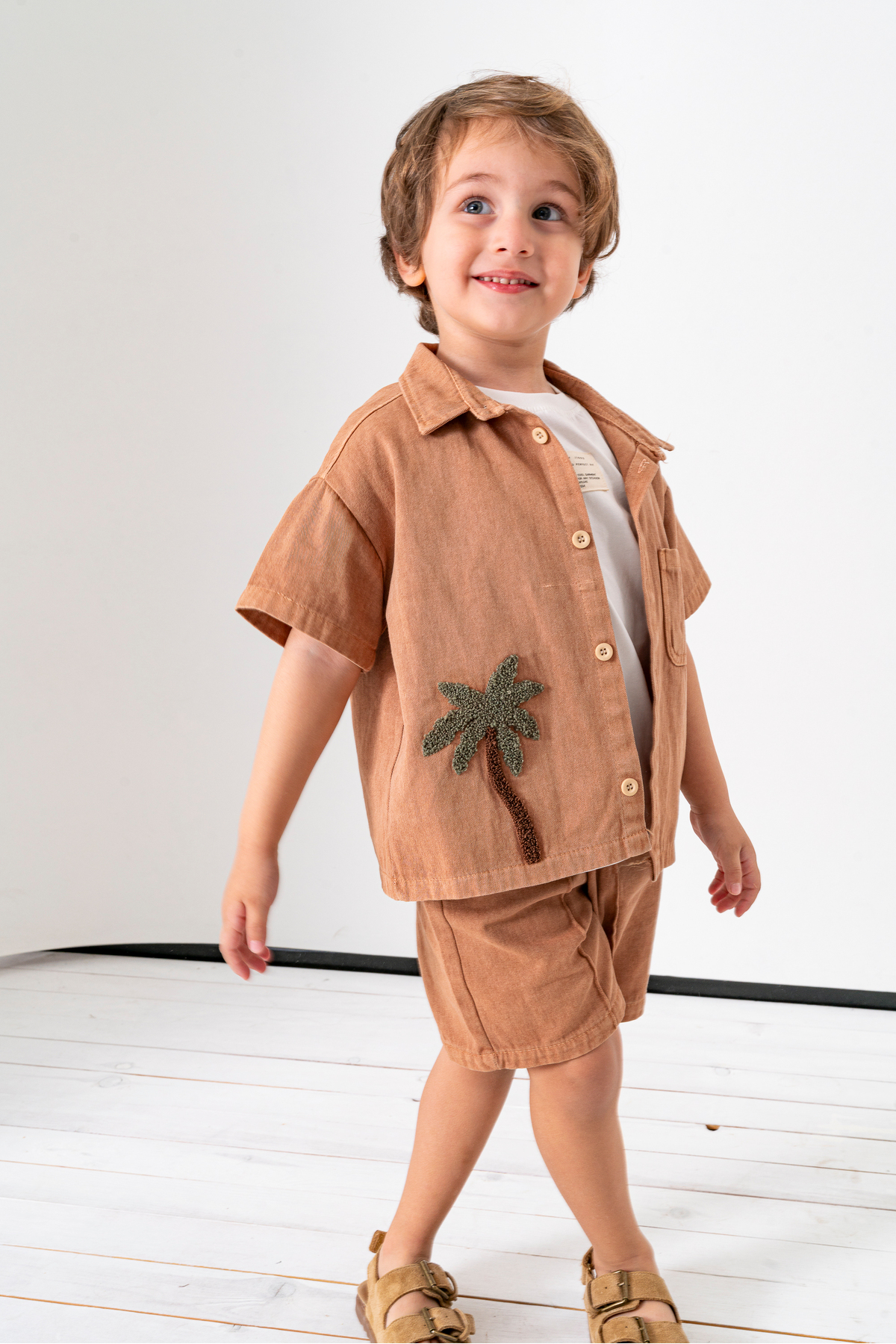 Palm Embroidered Short Sleeve Shirt Shorts 3pcs Boys Set 3702