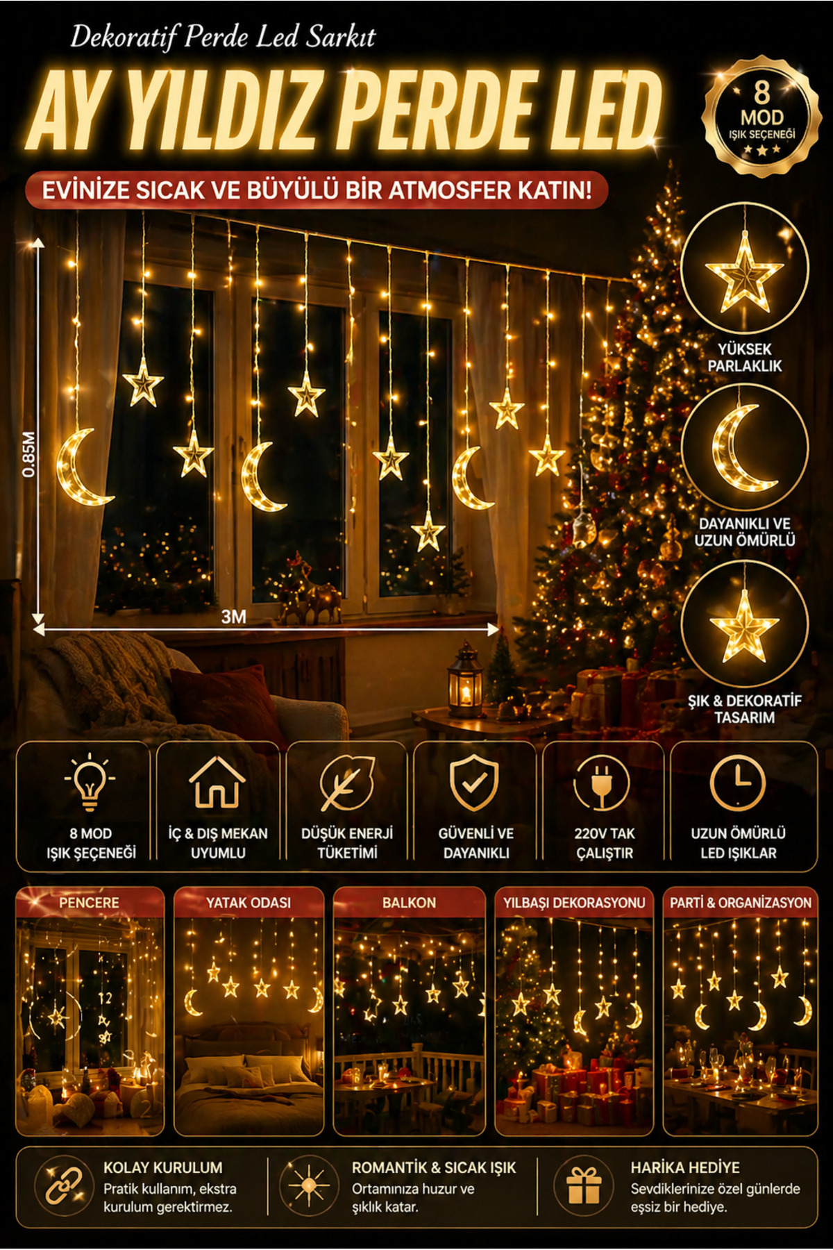nextbuy Ay Yıldız Perde Led 8 Mod Saçaklı Perde Pencere Balkon Duvar ...