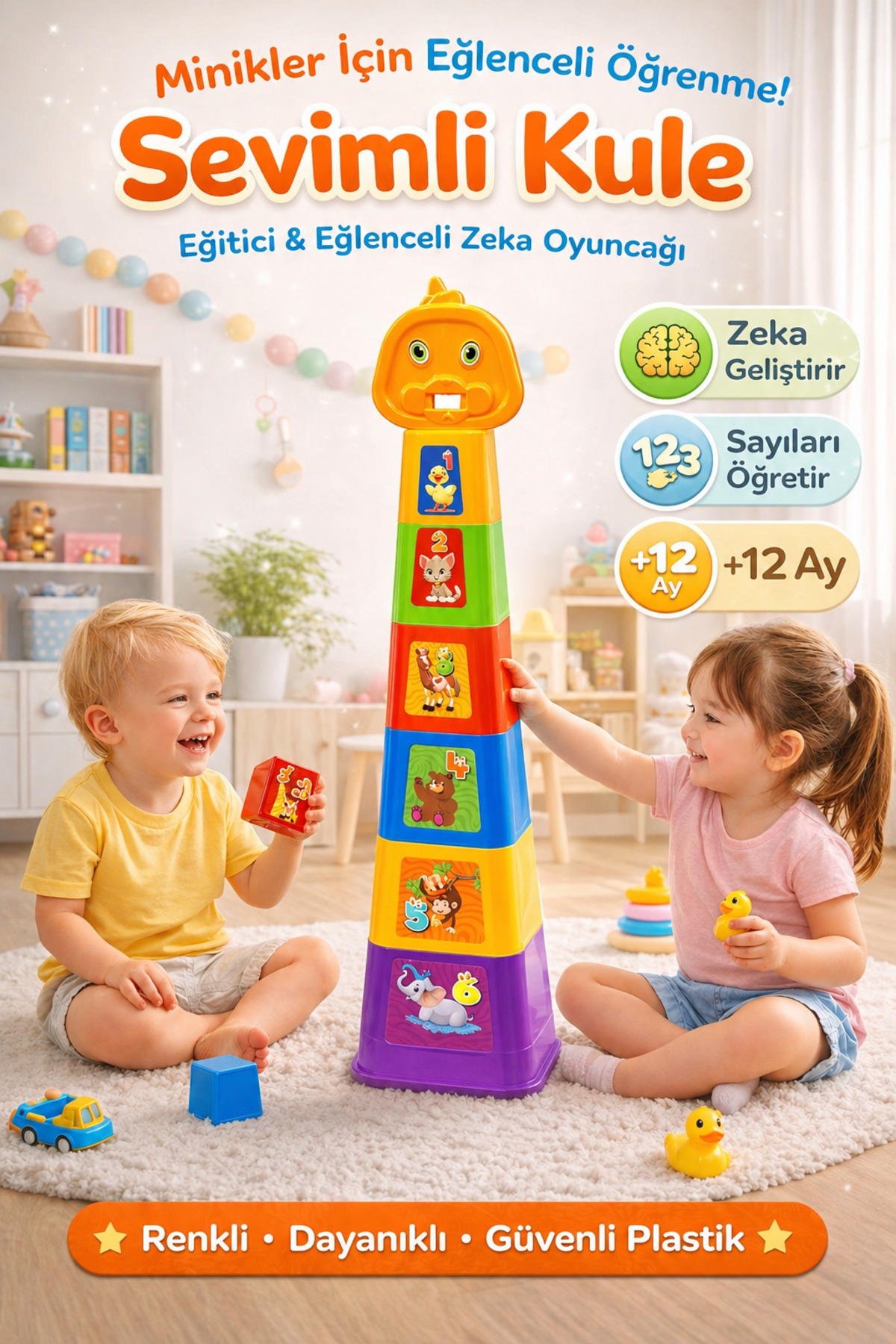 PAKİTO Sevimli Kule Eğitici Oyuncak | Renkli Sayı Öğreten Bebek Kulesi +12 Ay