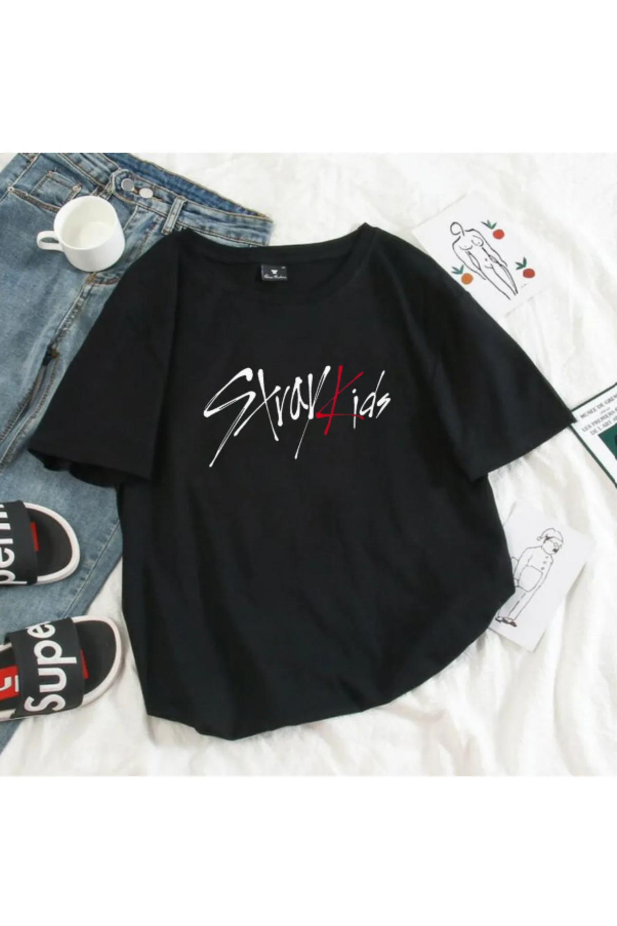 Genel Markalar  StrayKids Detail Baskılı Siyah T-shirt HOAN - Görsel 3