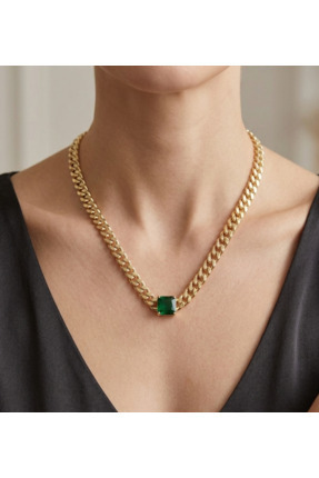 Twire Jewelry Kalın Zincir Kolye Yeşil Taşlı Gold Renk Modern Şık Tasarım Kad...