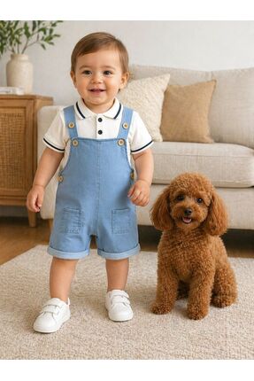 Bolly Baby Salopet Likralı Kot Polo Yaka Sweatshirt Düğmeli Salopet Yazlık Er...