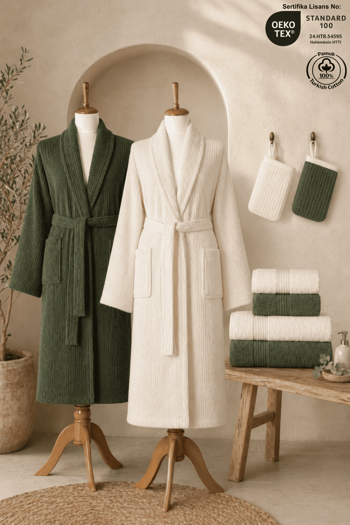 8 Piece Pouch Striped Bathrobe Family Set 100% Cotton Certified Bathrobe Set Dowry Set - Cream Green