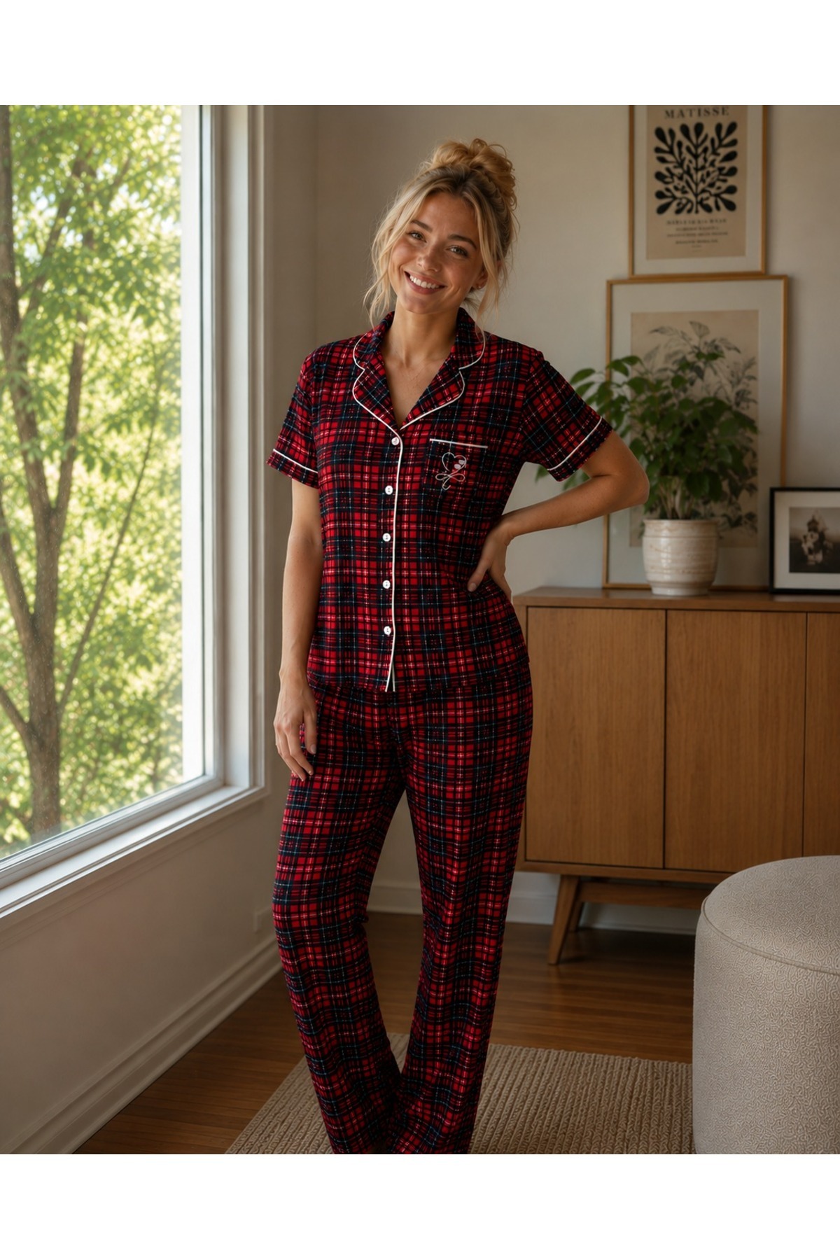 rindahomewear Kadın Viskon Ekose Ara Biyeli Kısa Kol Düğmeli Pijama Takımı görsel 2