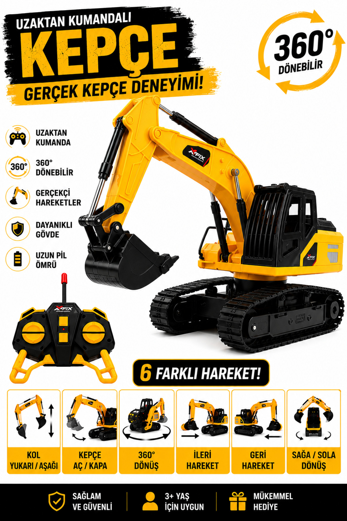 ELMAS OYUNCAK Uzaktan Kumandalı Ekskavatör Kepçe Şarjlı Full Fonksiyonlu İş Makinesi Oyuncak