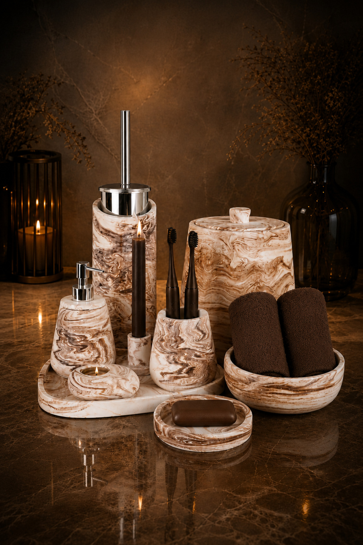 11 Pieces Marble Patterned Concrete Bathroom Set Solid Liquid Soap Dispenser Toothbrush Holder Trash Can Candle Holder Tray