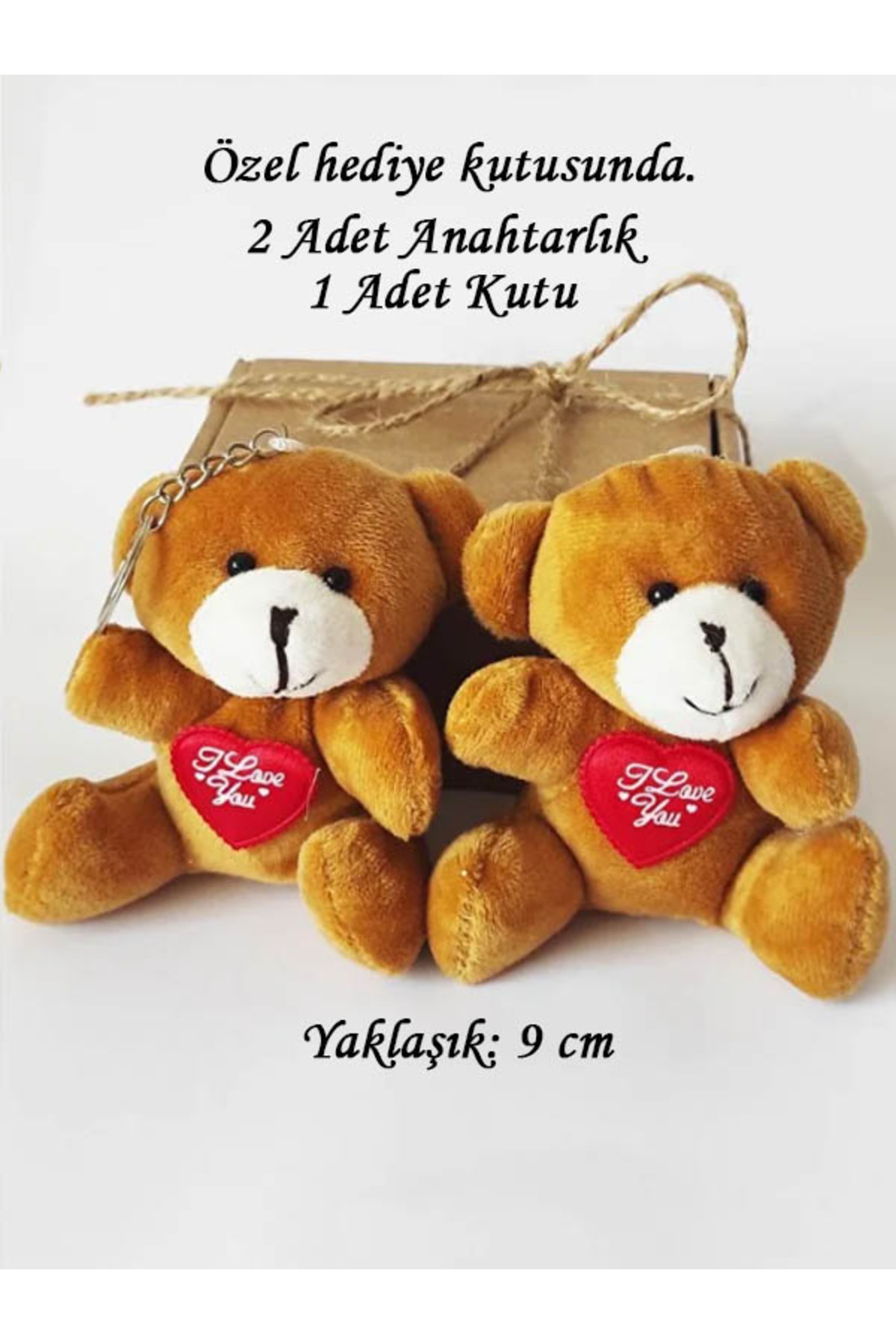 2 Dark Brown Plush Teddy Hearts Teddy Bear Keychains with Kraft Box 9 cm - Valentine's Day - Bag Ornament