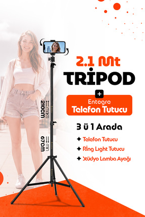 EN SİGA Tripod 2.1 Mt 360 Döner Başlıklı Telefon Tutucu Ring Light Metal Işık...