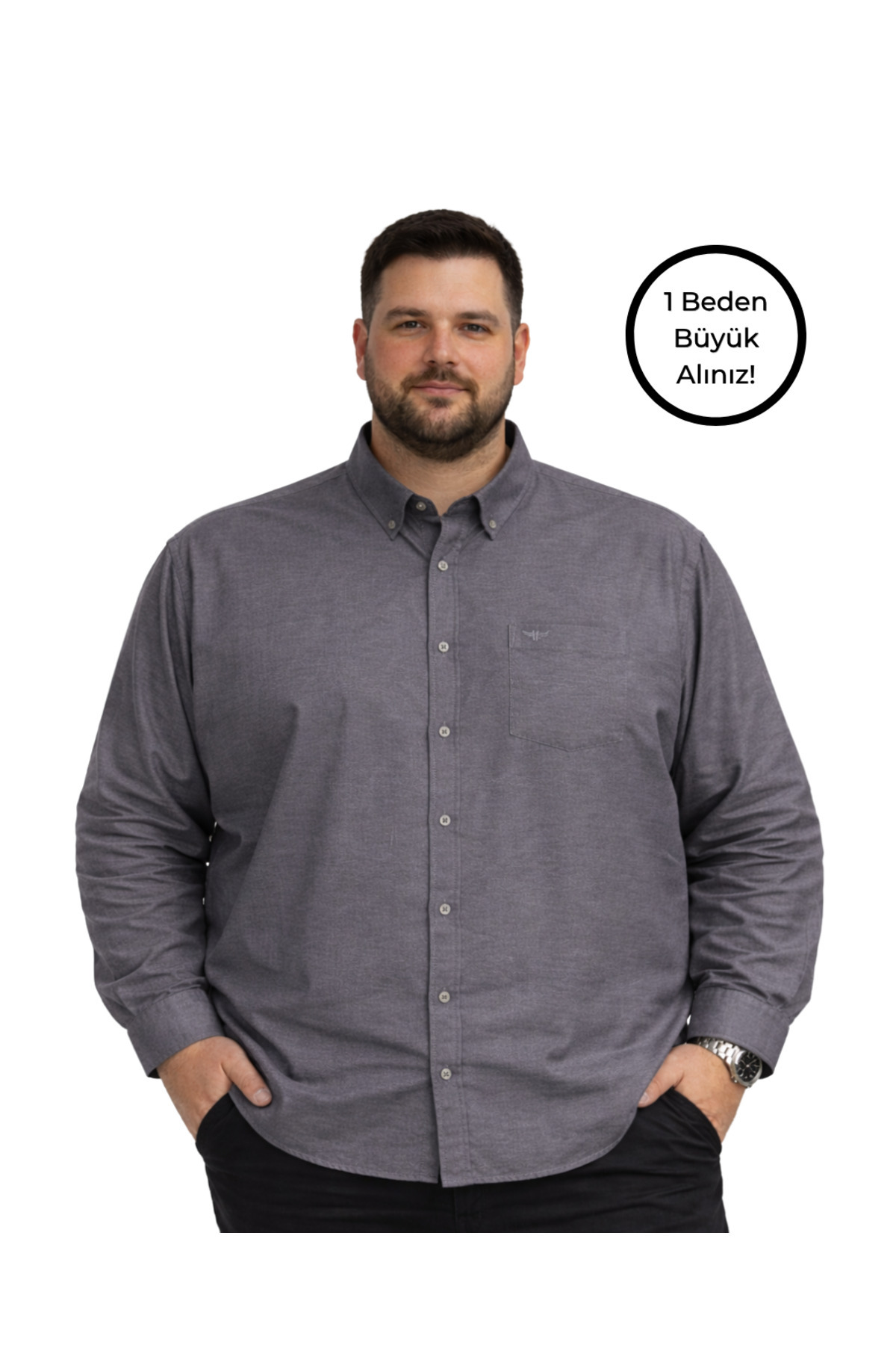BattalModa Erkek Büyük Beden Füme Uzun Kollu Gömlek 3XL-4XL-5XL-6XL