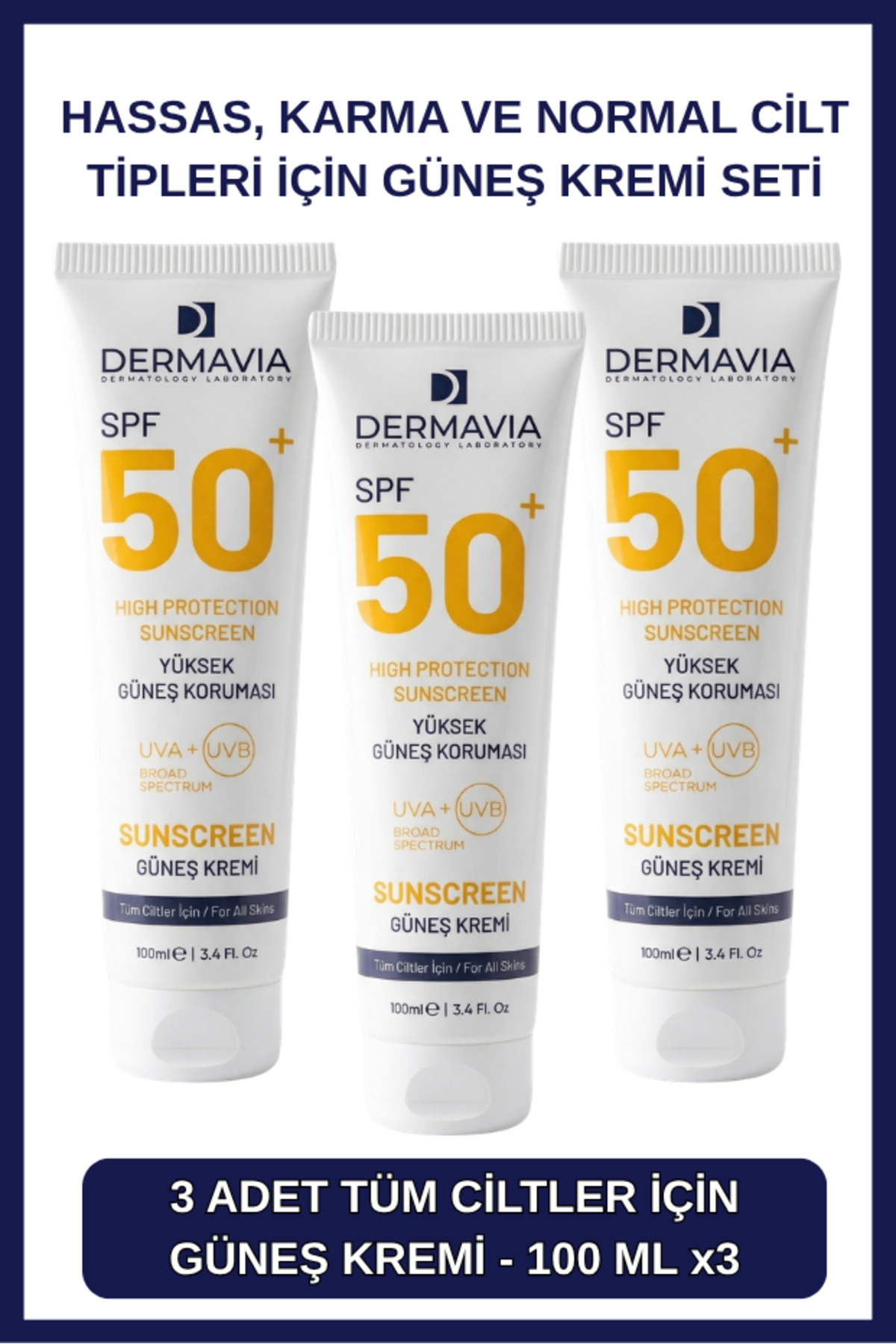 Dermavia ÜÇLÜ SET - SPF 50+ Su Bazlı Güneş Kremi UVA/UVB Koruma Seti 3 Adet, Parfümsüz, Tüm Cilt Tipleri için - 100ml — TUPSUN3
