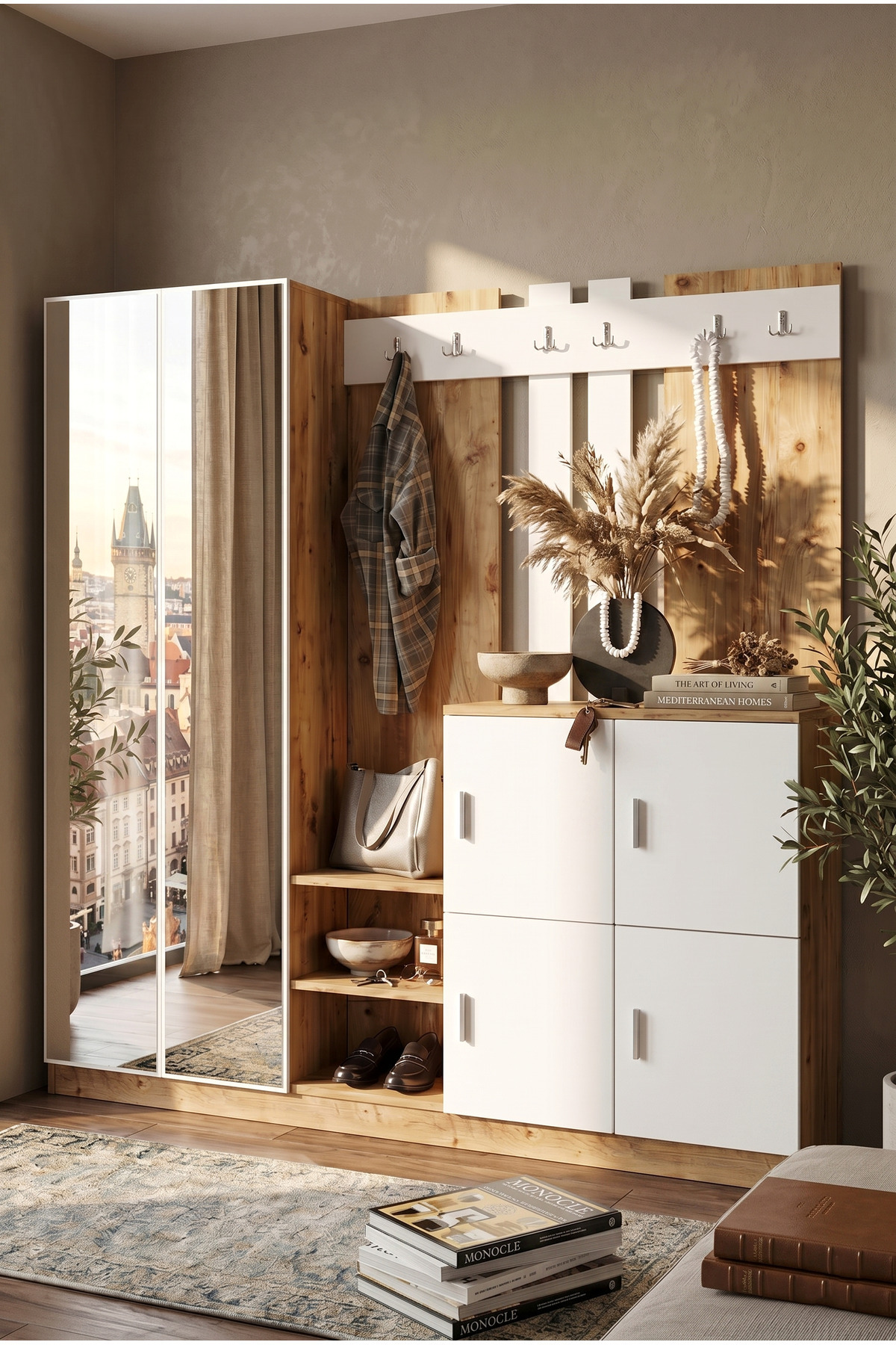 Gibson Cloakroom Coat Rack Shoe Holder Pine-White