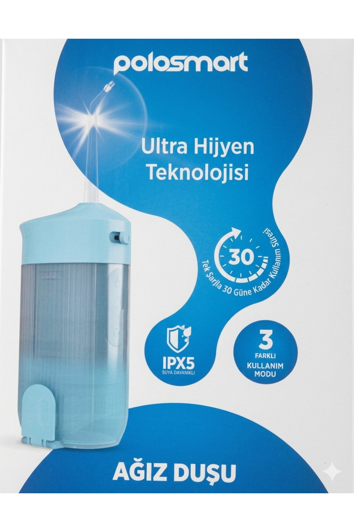 Polosmart PBS821 Şarjlı Ağız Duşu – 3 Modlu, 4 Başlıklı, IPX5 Suya Dayanıklı - Mavi - Fiyatı, Yorumları