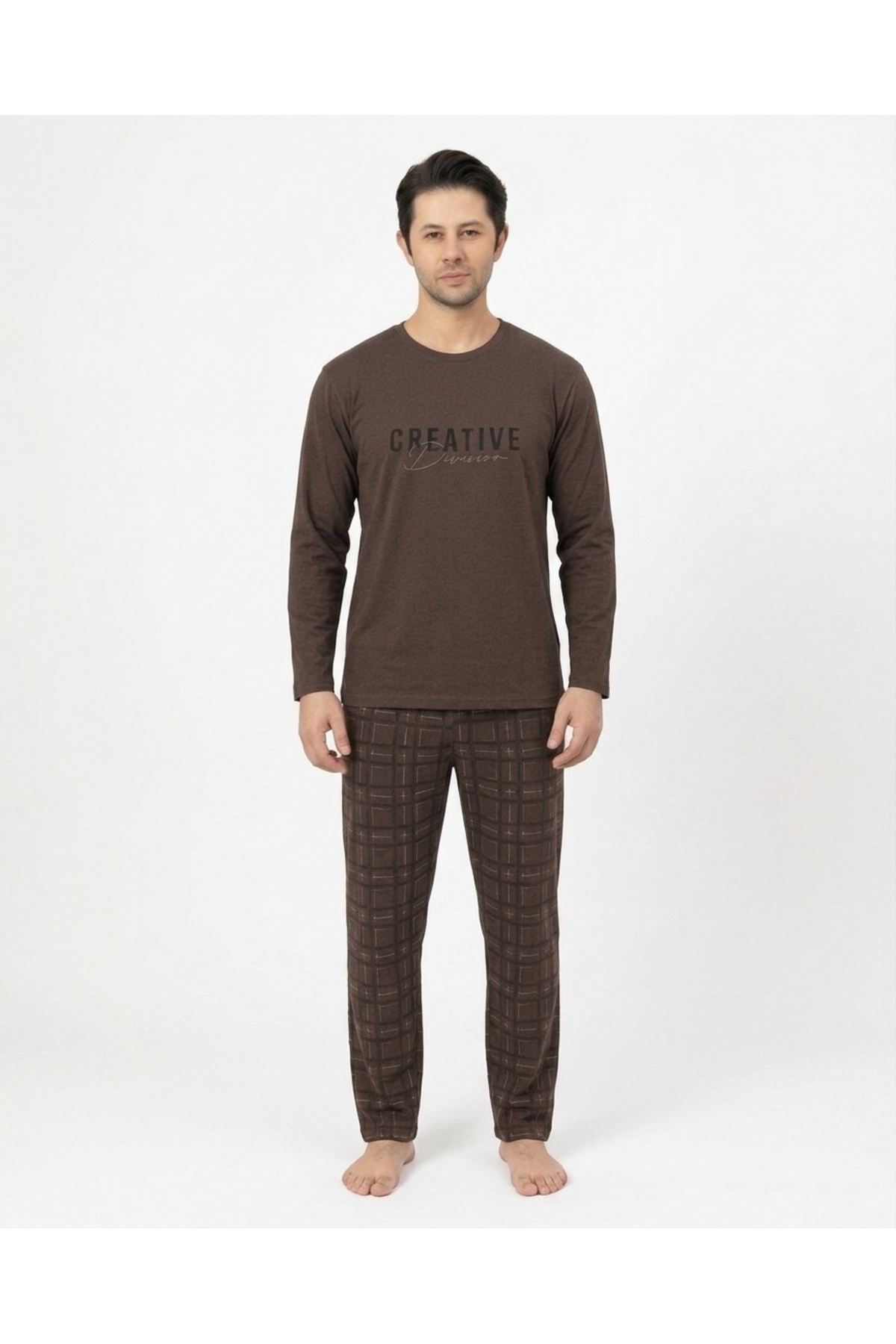 Sude HOMEWEAR Erkek Uzun Kol Kahverengi Önü Yazılı Pijama Takımı görsel 2