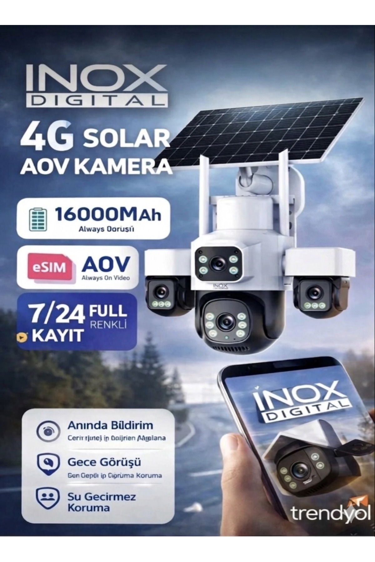 Teknoevstore OX-X14 4 KAMERALI SOLAR PANELLİ e-sim ÖZELLİKLİ FULL RENKLİ KAMERA/ Bay Her Telden