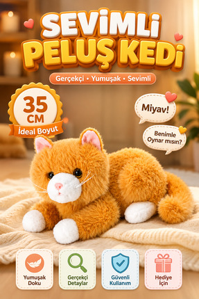 viyolmarketim Sesli Miyavlayan Peluş Kedi 35 cm – Kahverengi Yumuşak Peluş Oy...