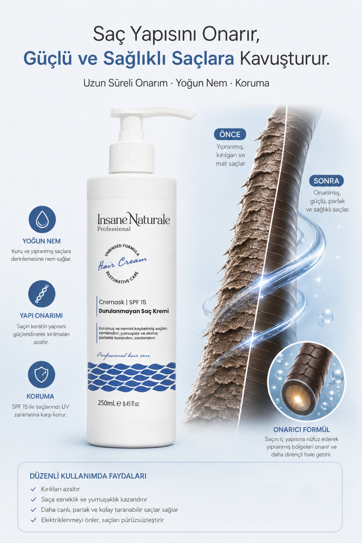 CREAMASK Keratin ve Biotin İçeren Onarıcı Durulanmayan Saç Bakım Kremi 250 ml — cremask-250 — تصویر 2 از 4