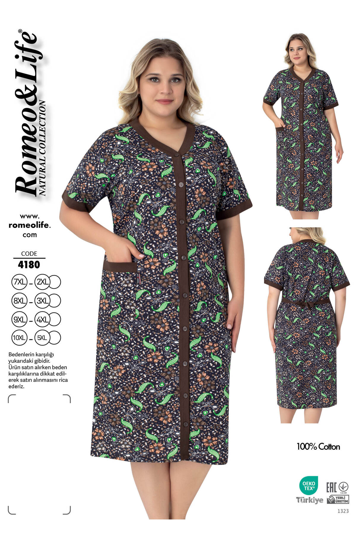 Women's Plus Size 100% Cotton Combed Fabric Buttoned Summer Dress - Brown-Green 4180