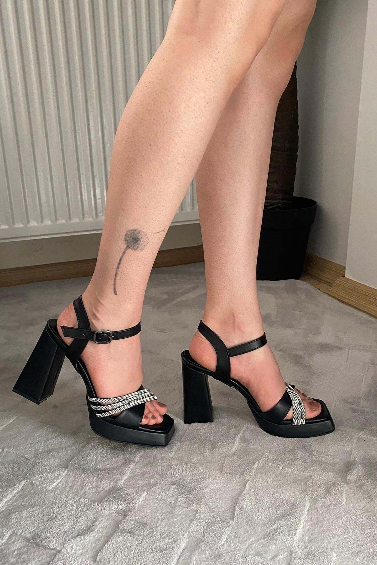 Preshley Kadın Ponti Siyah Çapraz Bantlı Taşlı 10 cm Platfom Topuklu Aykkabı görsel 2