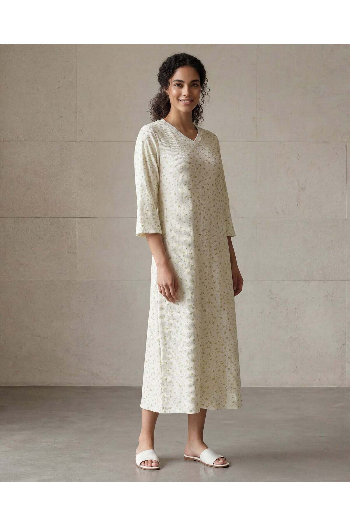 REDTAG Women Beige Long Sleeves Knit Nightgown