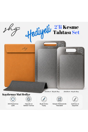 ShgHomeDesign Paslanmaz Çelik Kesme Tahtası 3lü Set 23x34 cm Saklama Kılıfı +...