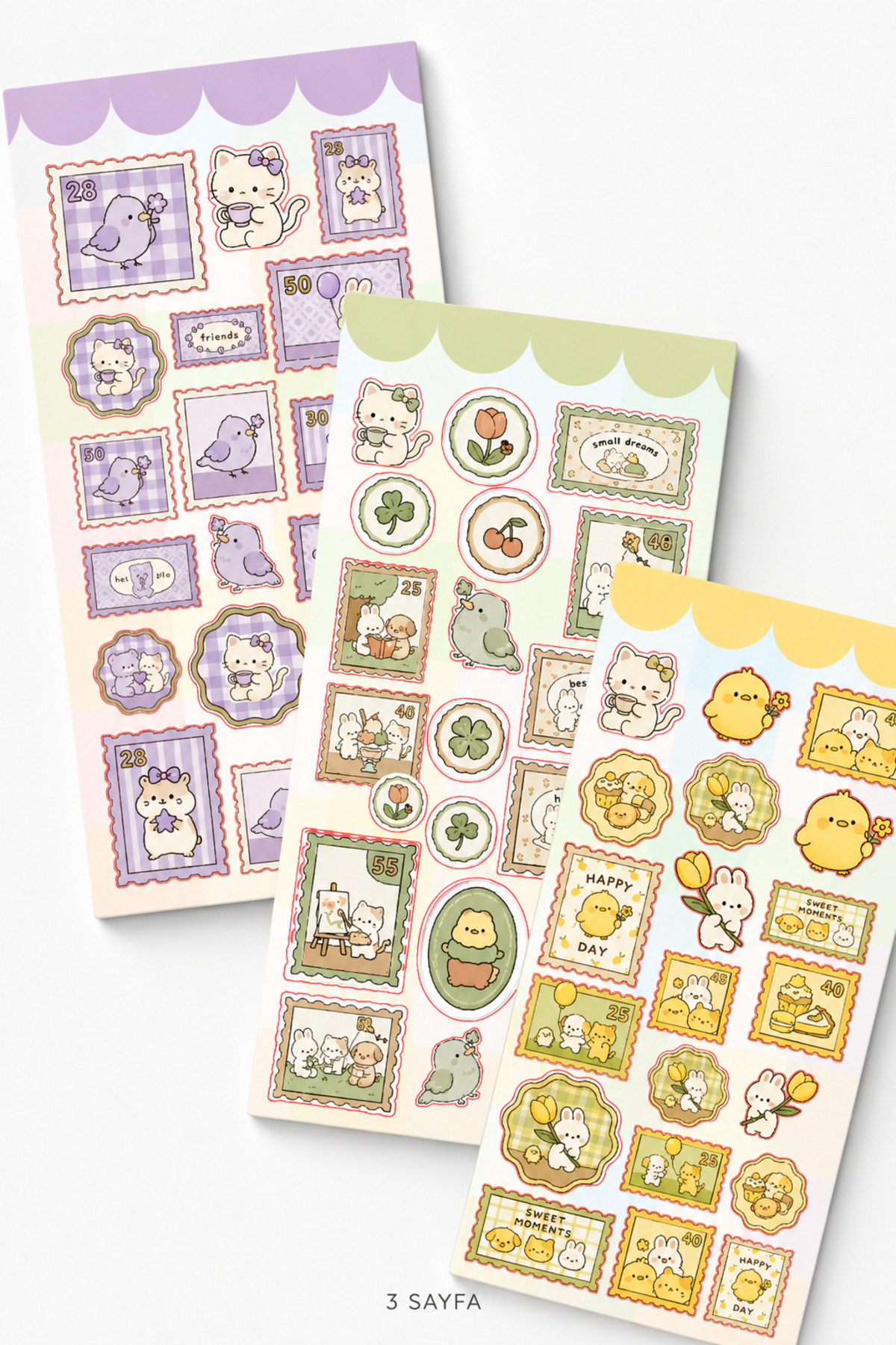 BieneGift 3 Sayfa Kawaii Sticker Seti, Pastel Bas Kes Kawaii