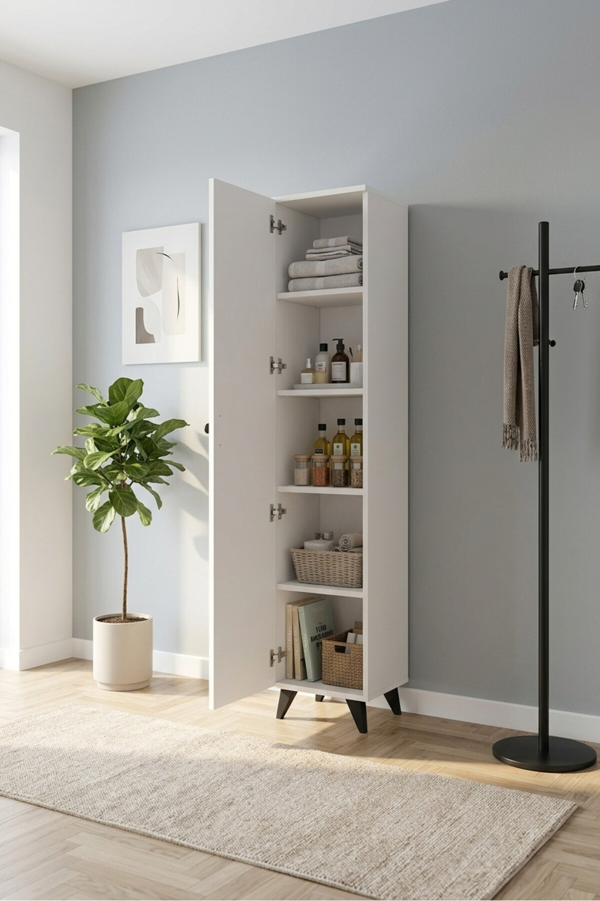 Simple Narrow Space Multipurpose Cabinet Bathroom Kitchen Entrance Pantry 4 Shelves Single Door White 30x30x176 cm