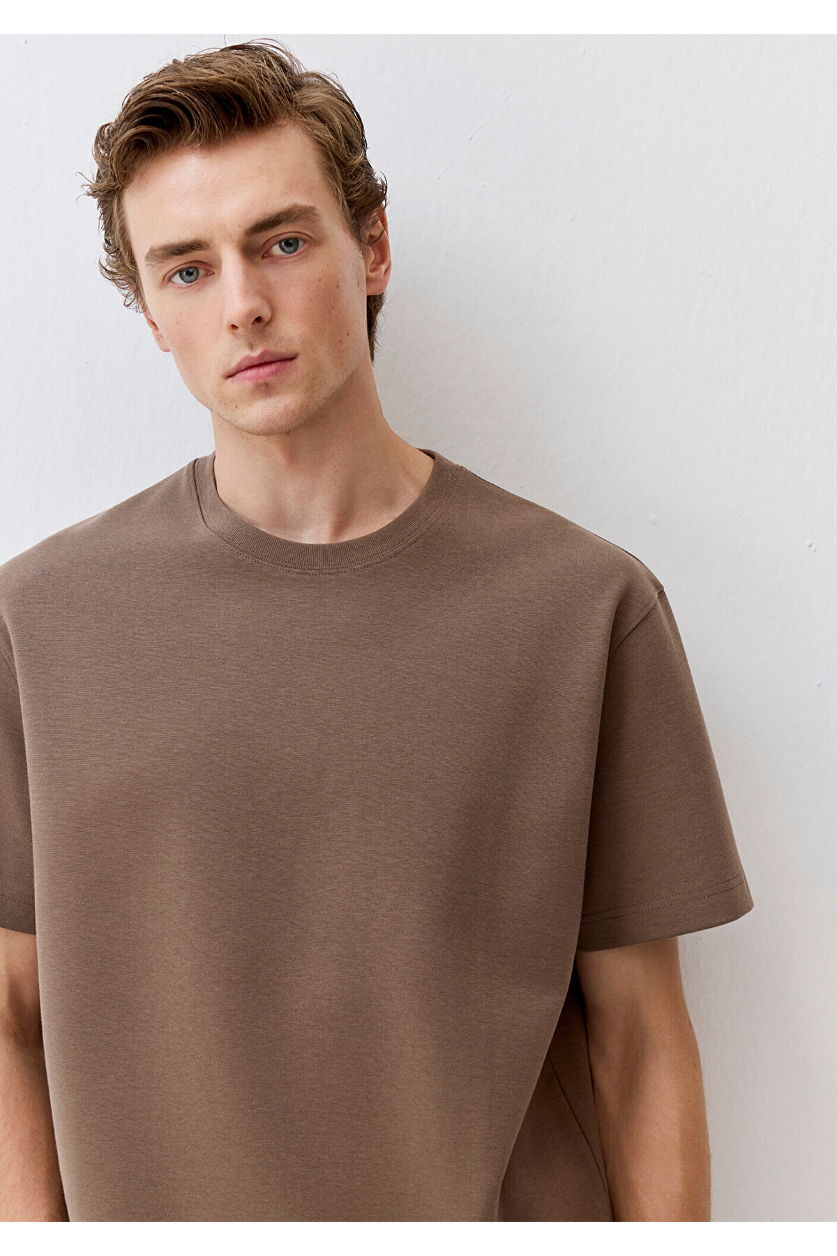 Mavi Kahverengi Premium Basic İnterlok Tişört Oversize / Geniş
