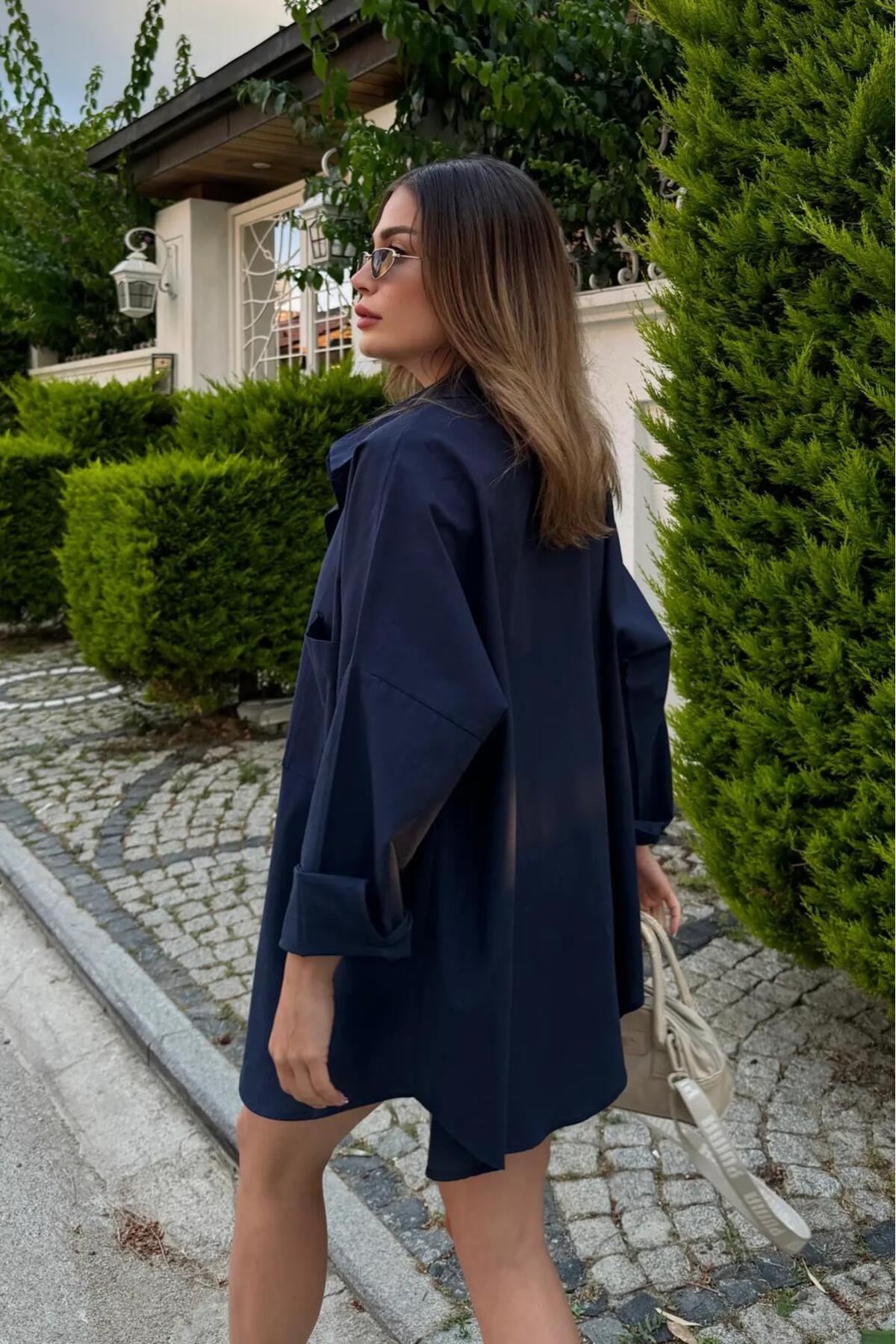 Rouge basıc Oversize Keten Dokulu %100 Pamuk Salaş Gömlek görsel 5