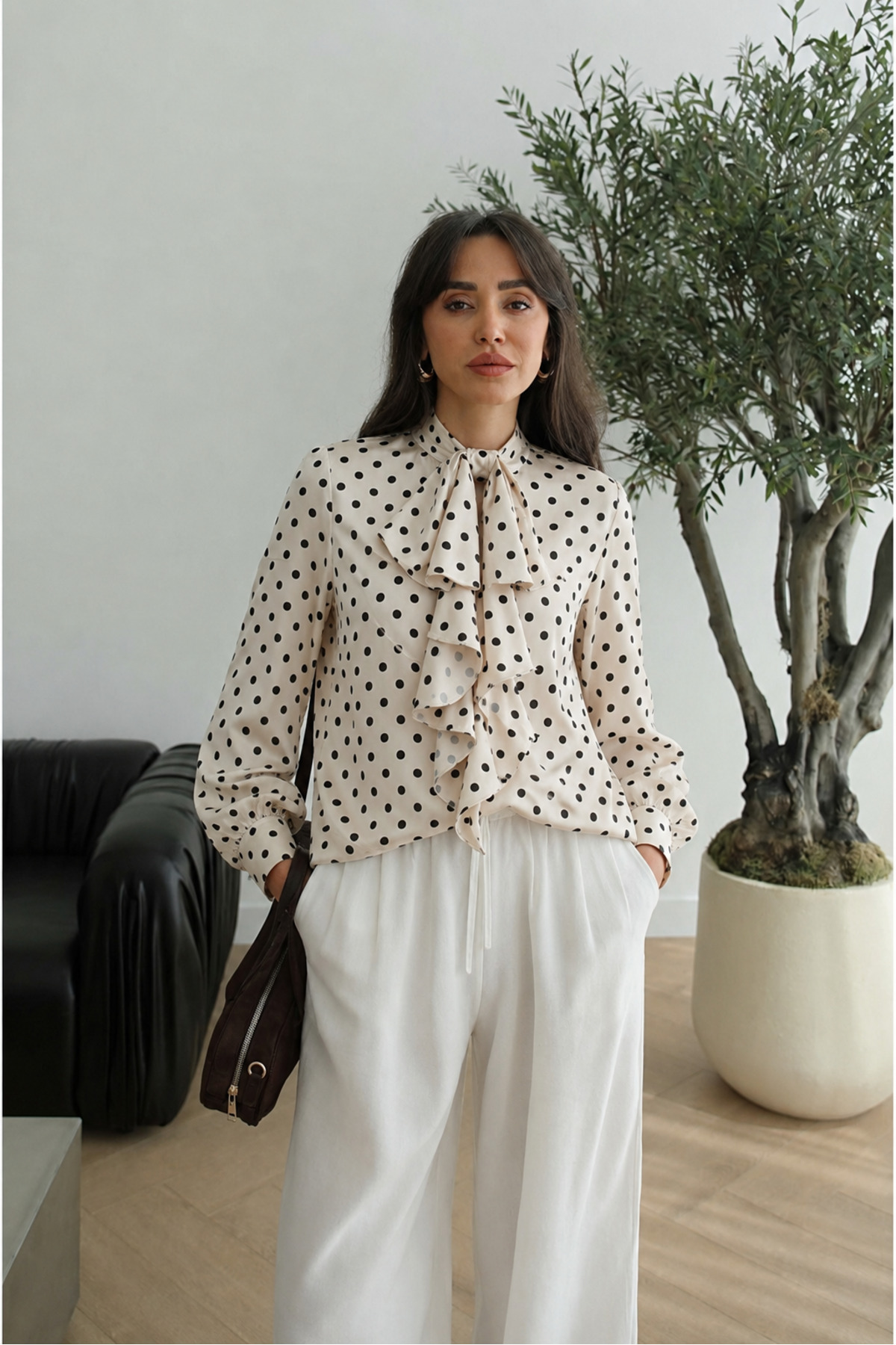 Noi Belis  Puantiyeli Fırfır Detaylı Dokuma Gömlek SS26GO0010