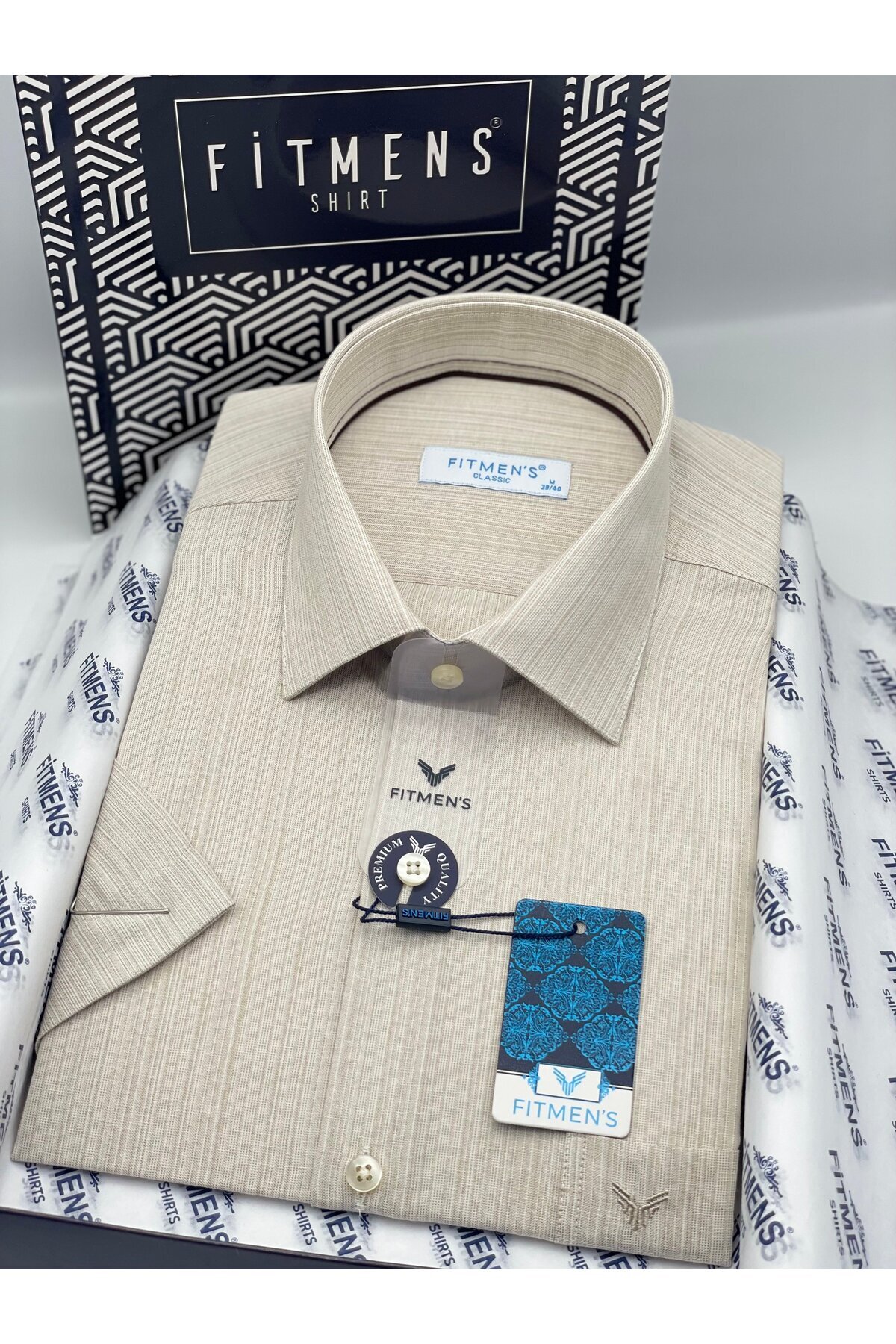 پیراهن مردانه کلاسیک آستین کوتاه کتانی نخی قابل تنفس با جعبه هدیه FS-004572 - بژ  پیراهن Fitmens