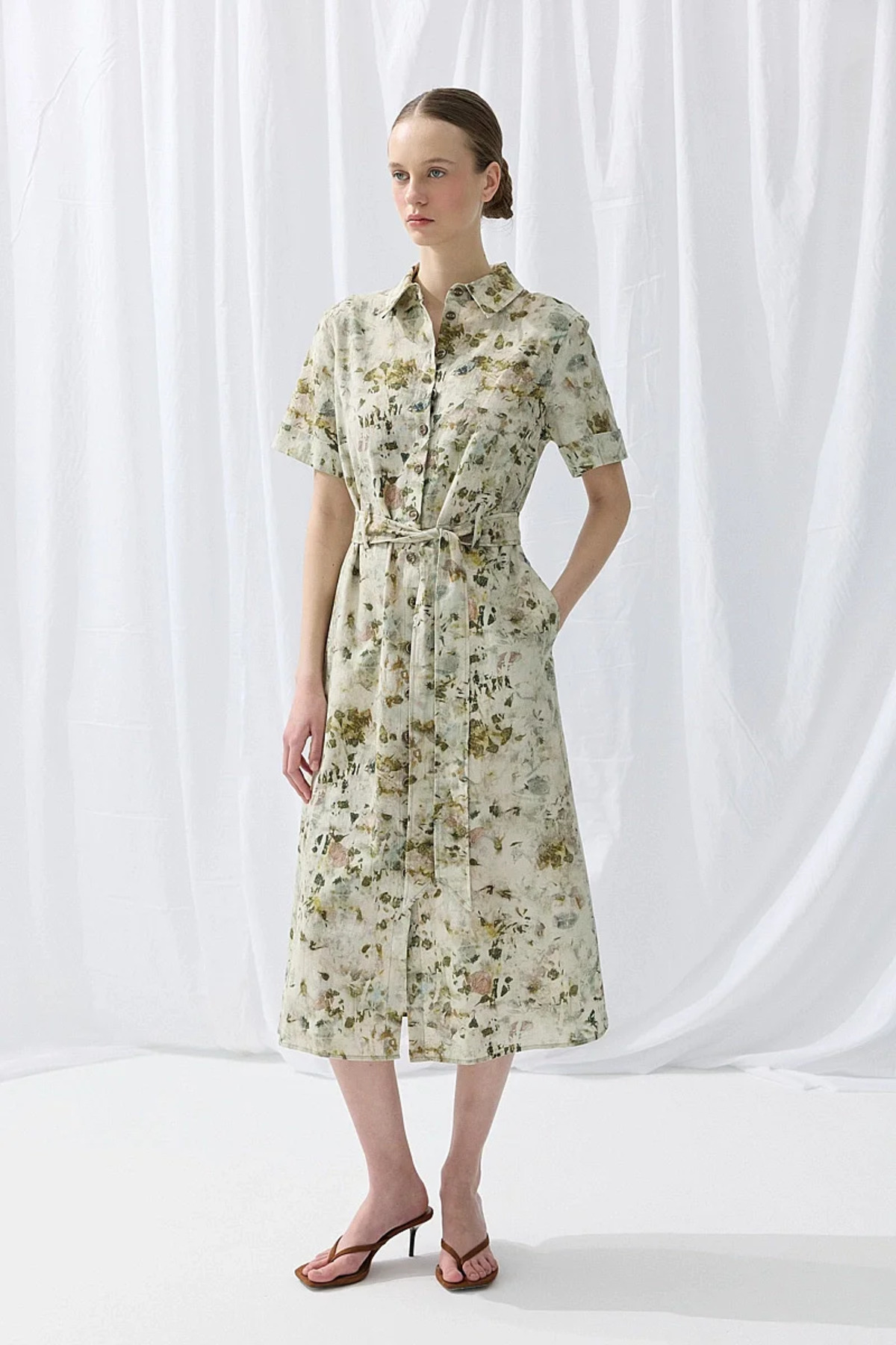 Gusto İz Koleksiyonu Eco Print Keten Midi Gömlek Elbise - Yeşil görsel 2