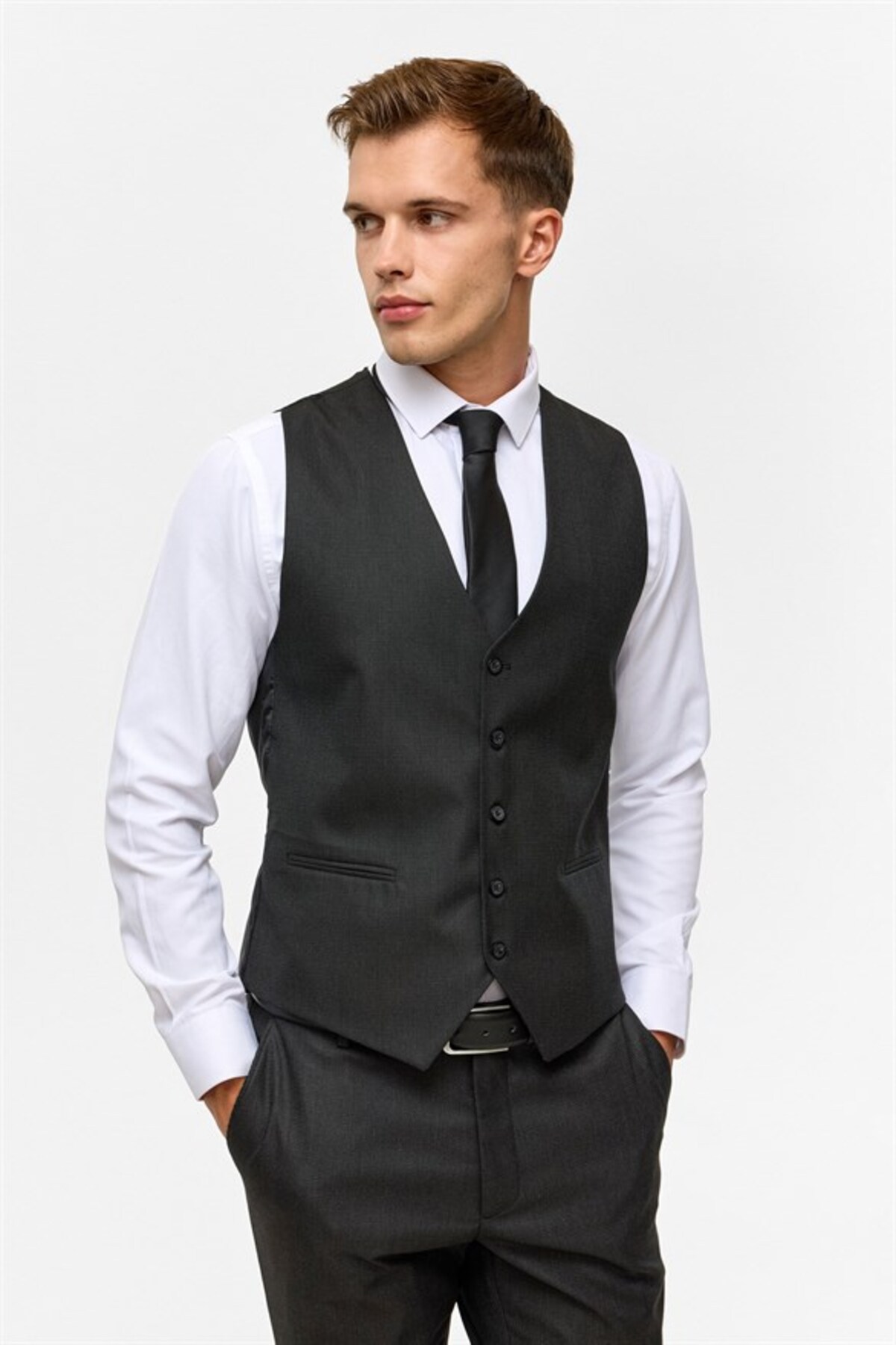 Siyah Slim Mono Yaka 6 Drop Yelekli Takım Elbise — مشکی TK1001100168 — تصویر 7 از 8