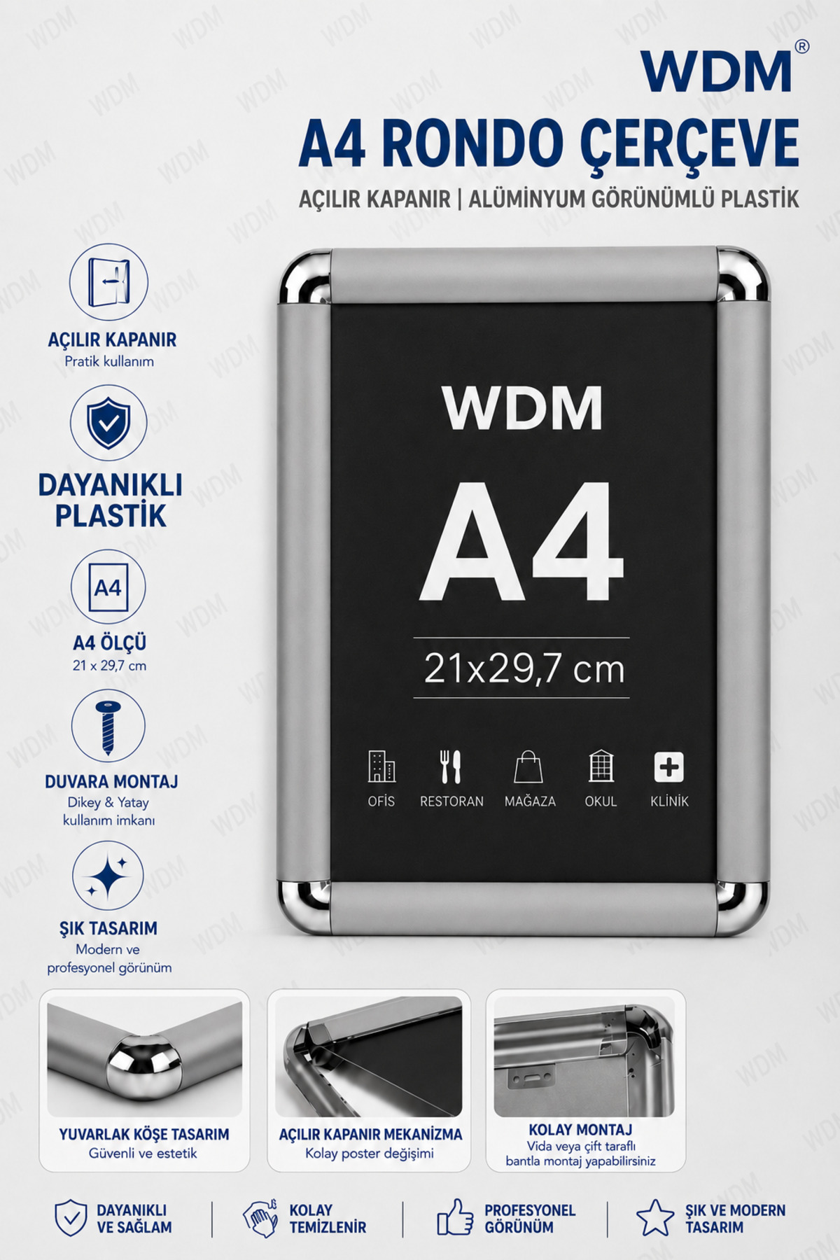WDM A4 Rondo Çerçeve - Afiş Çerçevesi - Belge Çerçevesi - Açılır