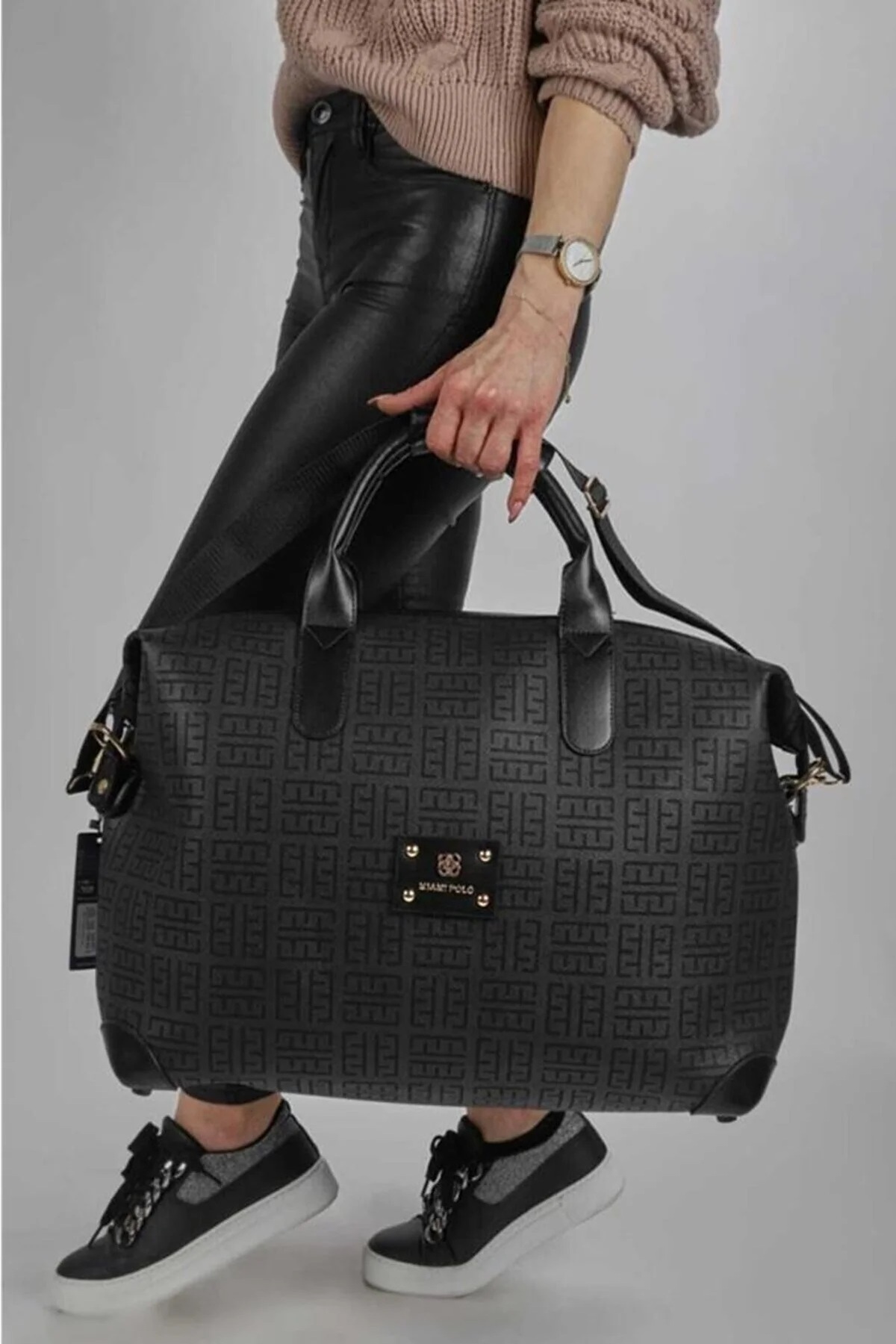 MİAMİ POLO 1203E Large Hand Luggage Suitcase Travel Holiday Bag BLACK-BLACK PRINTED