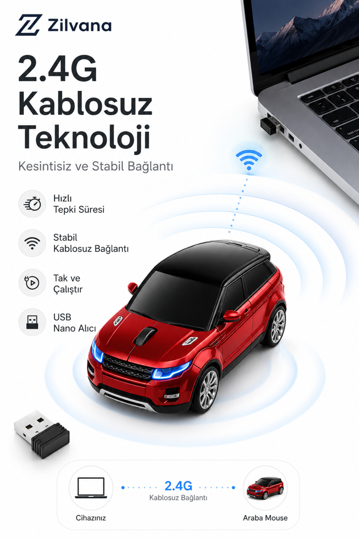 ماوس اپتیکال بی‌سیم 2.4G طراحی شده با مدل SUV - قرمز
