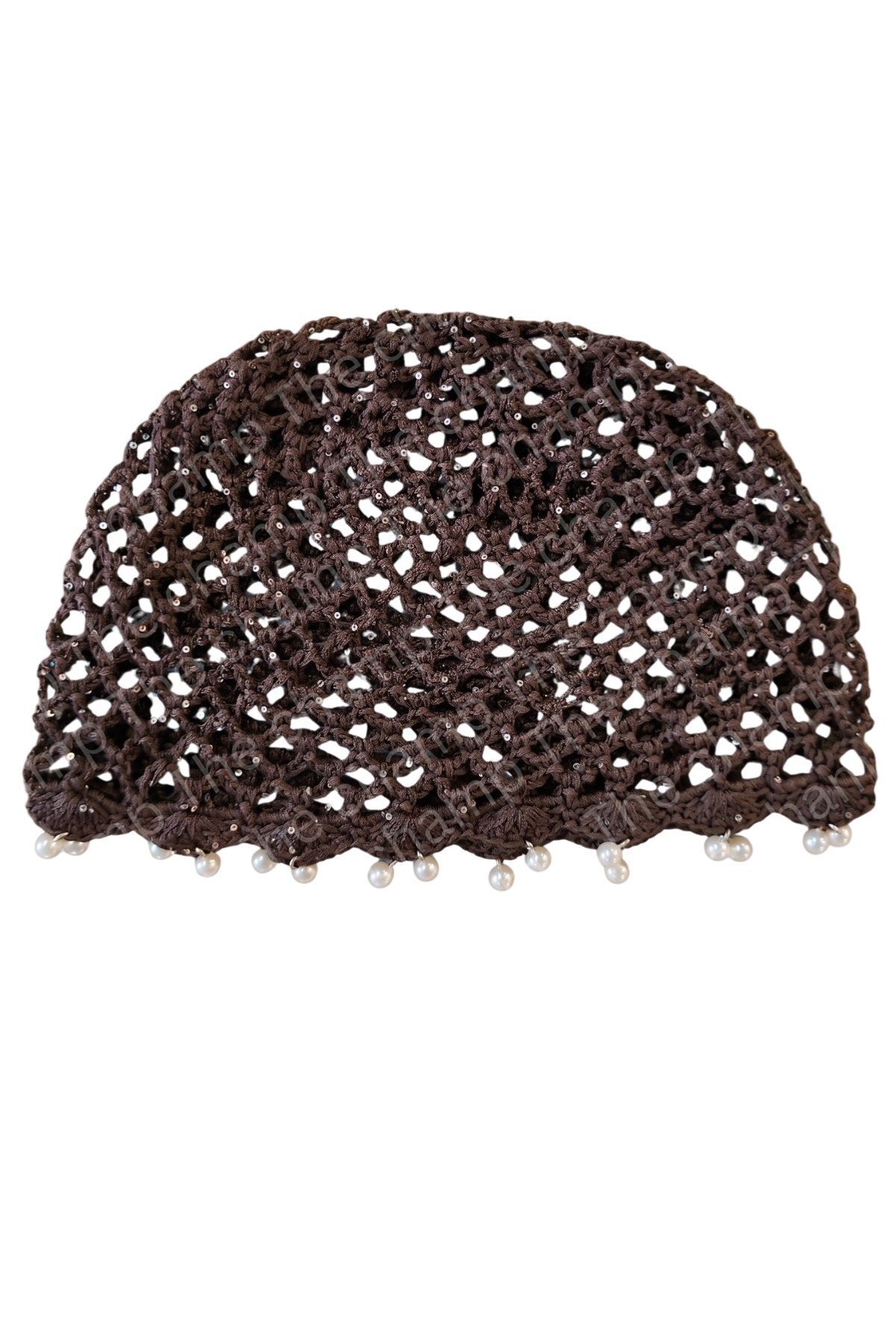 The Champ Clothing Kadın Örgü File Şapka Pearl Veil Kahverengi– İnci Detaylı Şık Saç Aksesuarı görsel 6