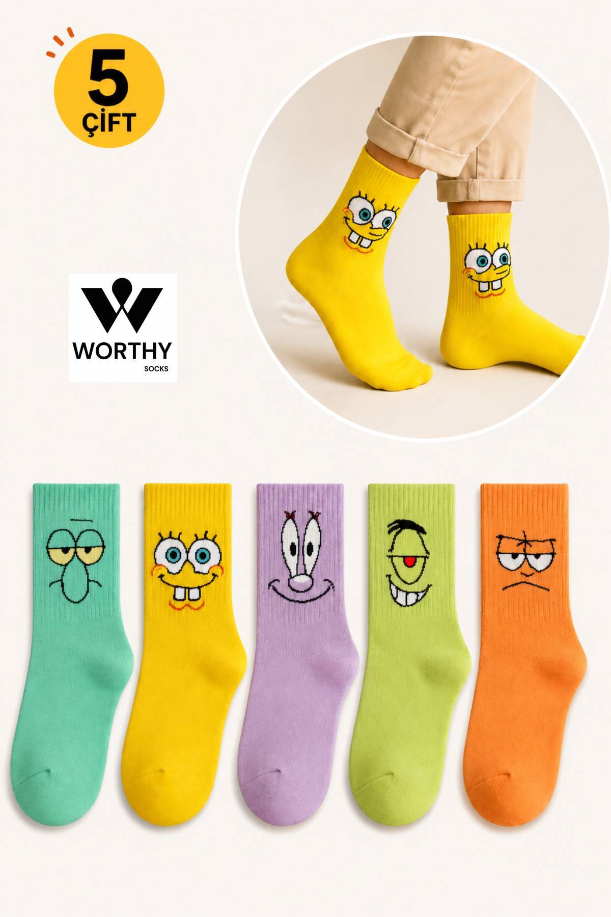 WORTHY SOCKS Unisex Desenli Kolej Çorap Seti 5'li Paket