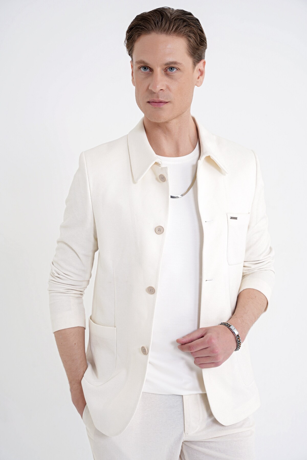 Efor Slim Fit Gömlek Yakalı Fitilli Pamuk Dokumalı Tasarım Ekru Gömlek Ceket C 732